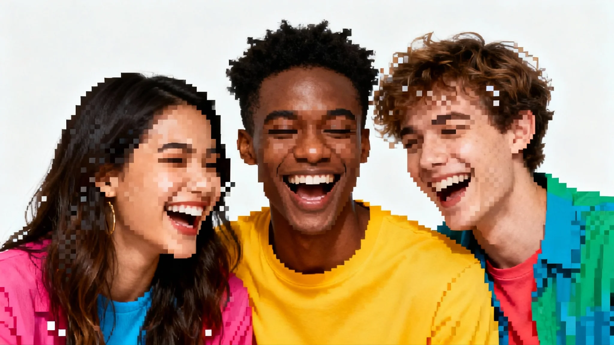A high-quality image of three diverse friends laughing, with their faces pixelated to demonstrate a privacy feature.
