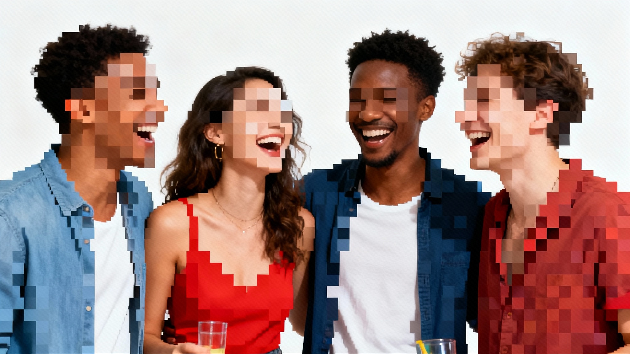 A photograph of four friends at a party, laughing, with their faces obscured by digital pixelation to ensure privacy.