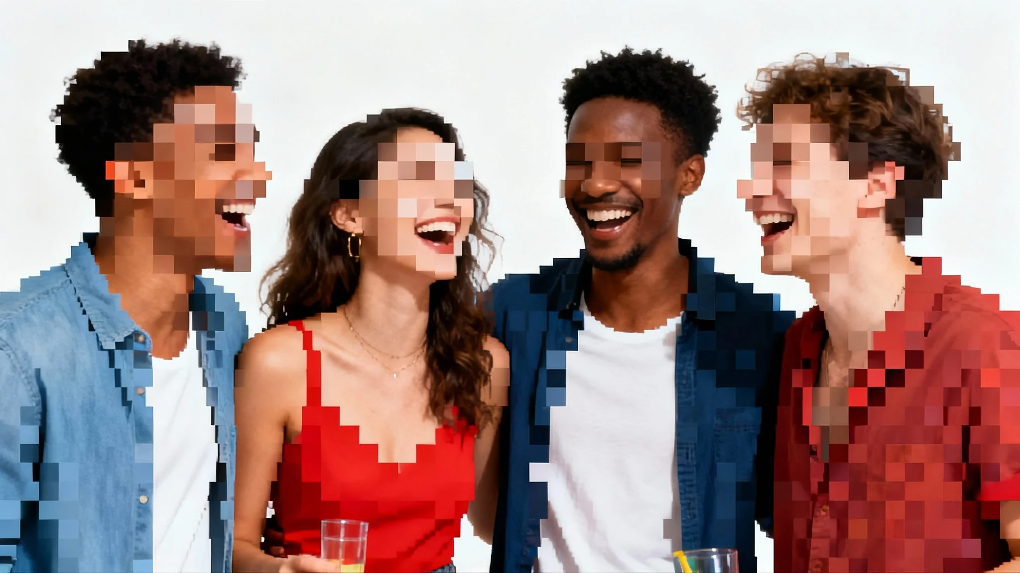 A photograph of four friends at a party, laughing, with their faces obscured by digital pixelation to ensure privacy.