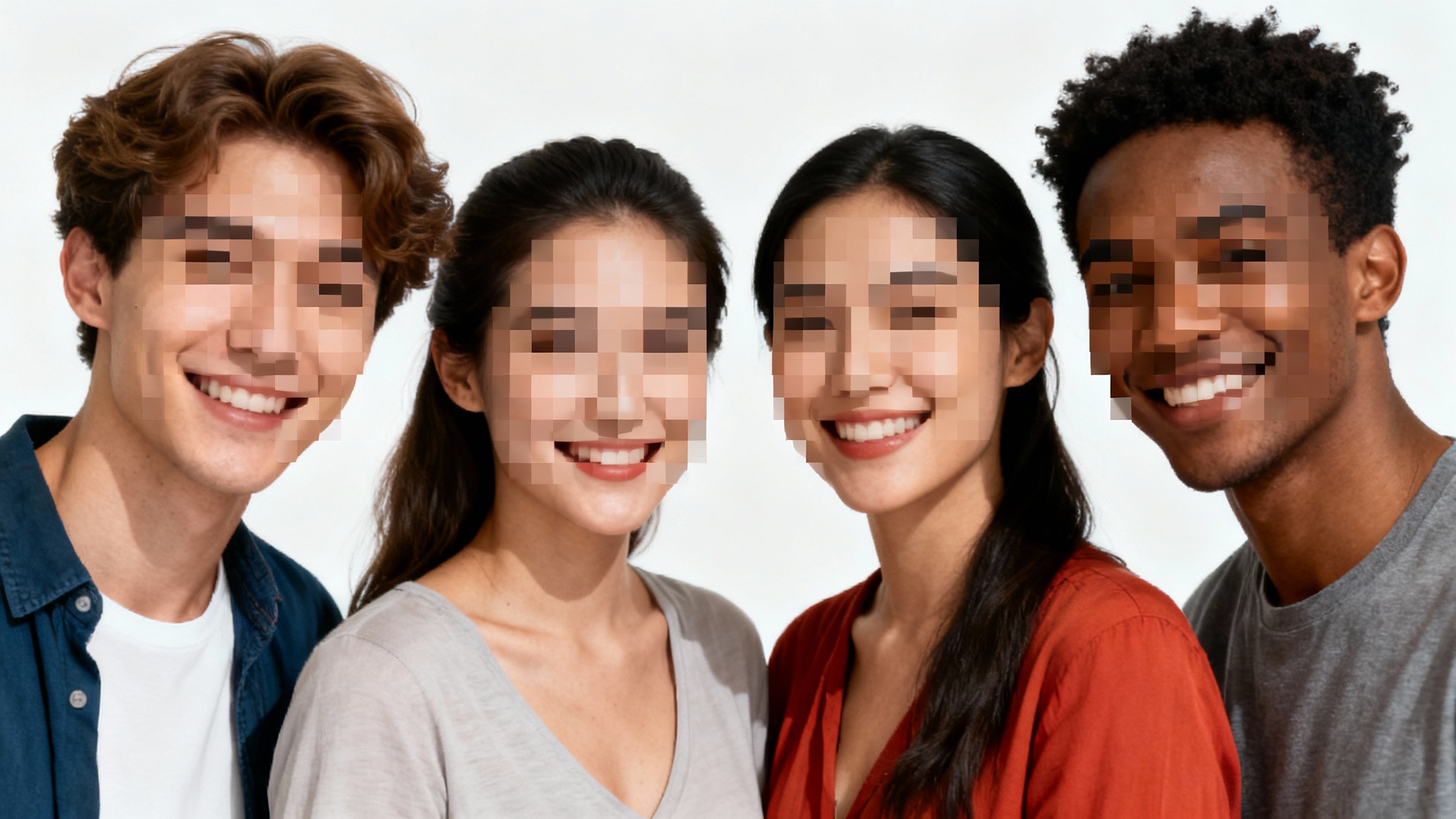 A realistic photo of four diverse individuals whose faces are intentionally pixelated for anonymity, standing against a clean white background.