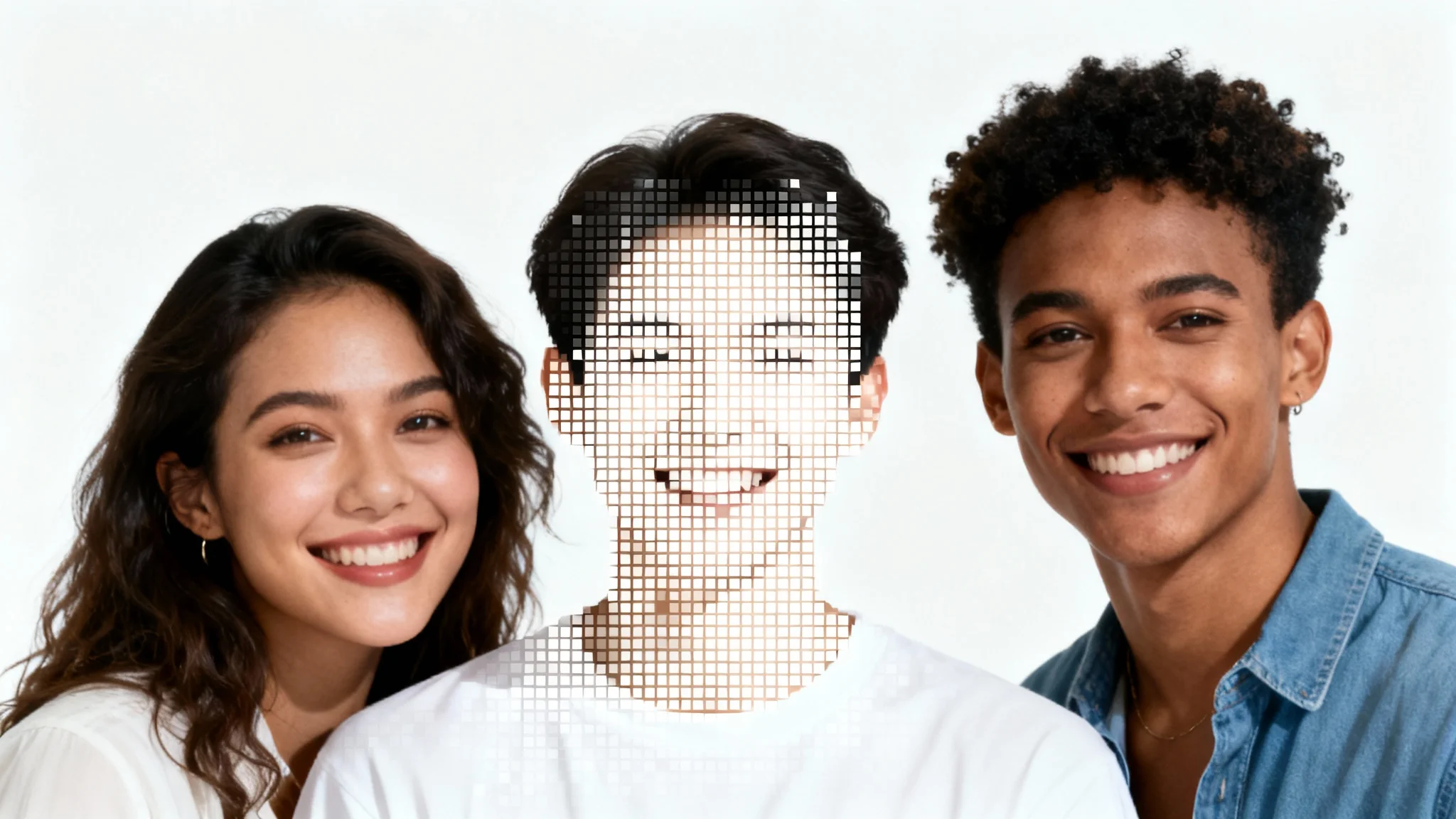 A group photo of three friends against a white background. The face of the person in the middle is heavily pixelated to protect their identity, while the faces of the other two are clear.