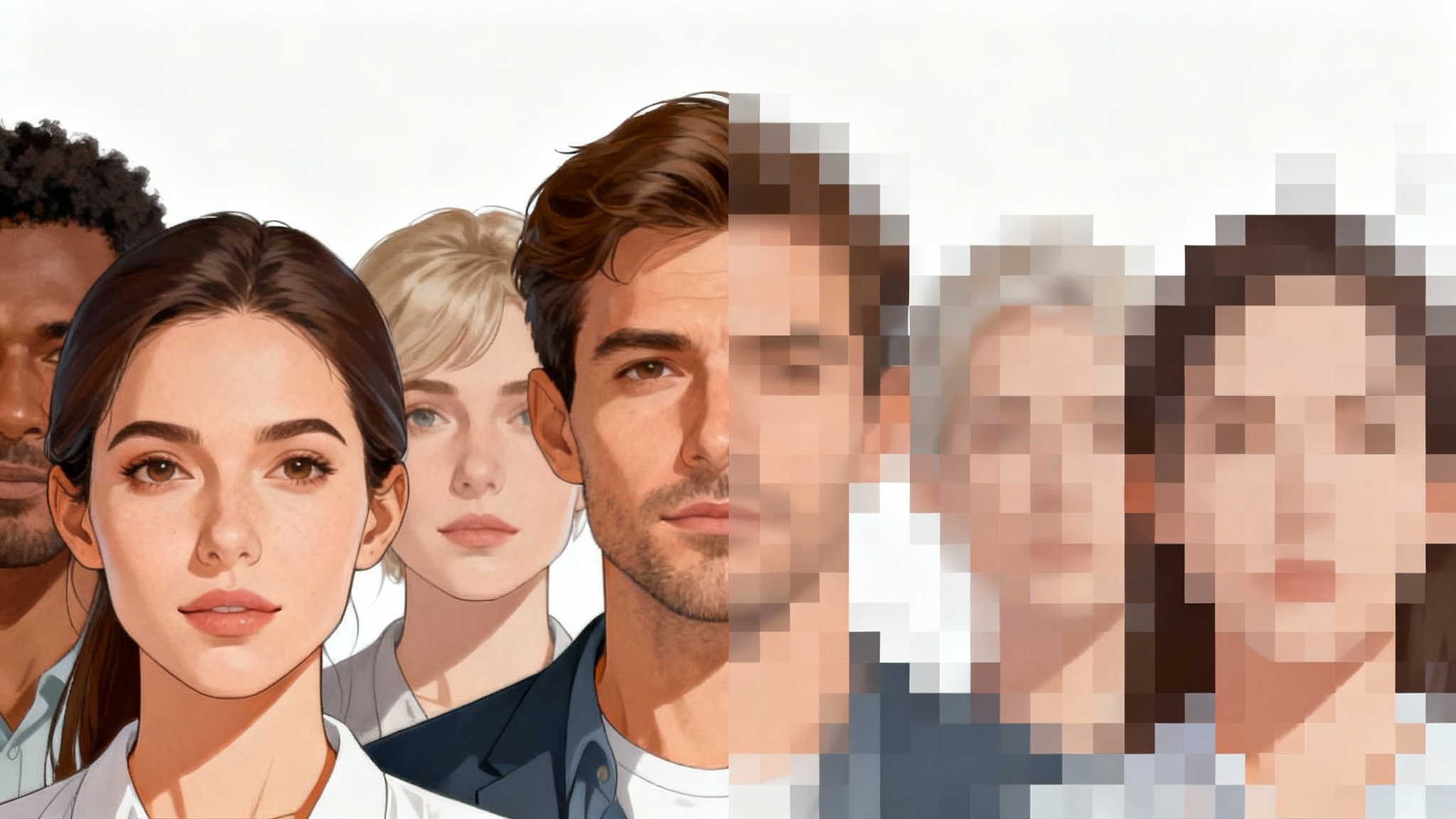 A comparison image showing a group of people's faces; the left half is clear, and the right half is pixelated to demonstrate a face pixelation effect.