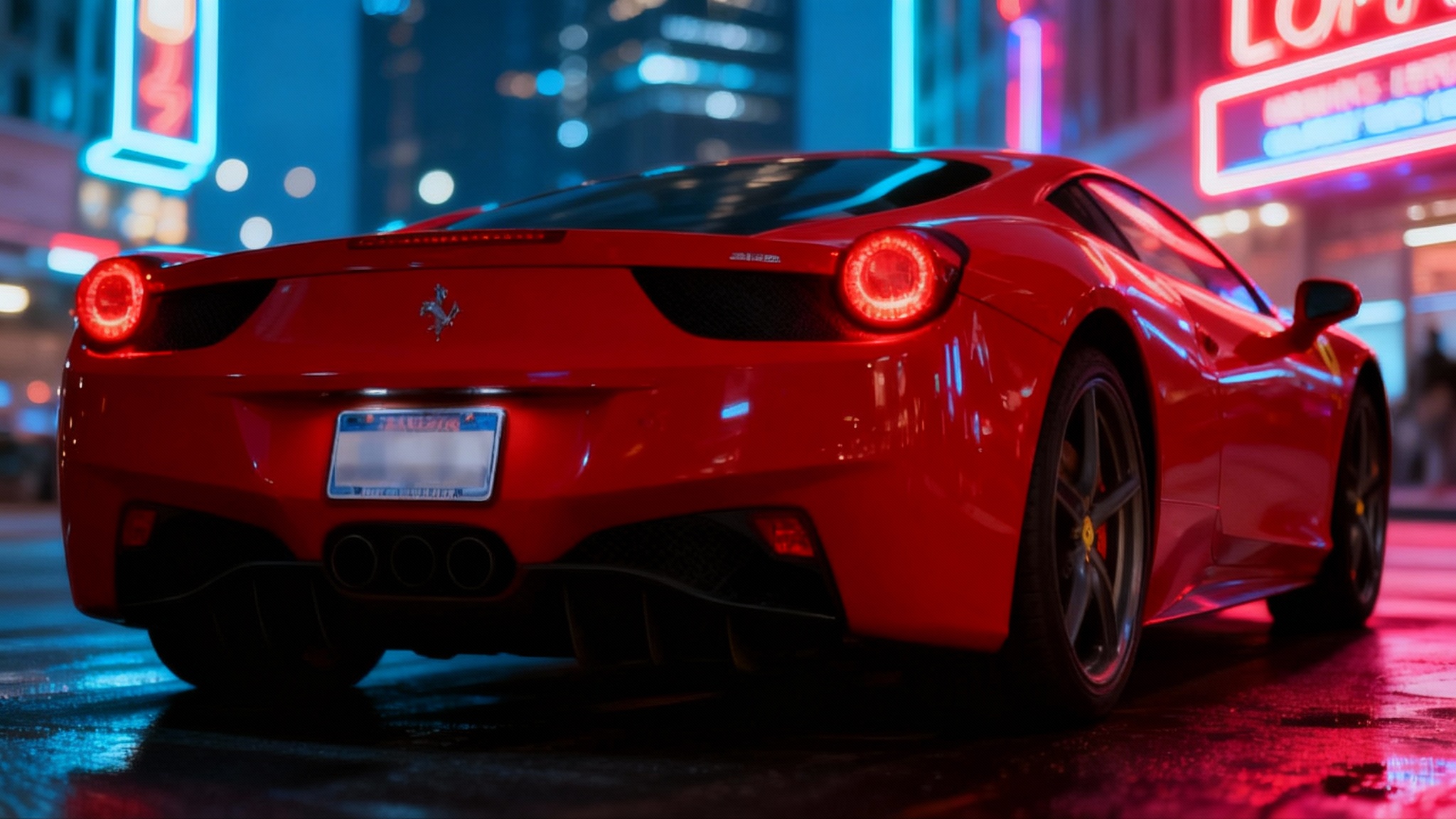 A photorealistic image of the back of a red sports car on a city street at night, with its license plate intentionally blurred out for privacy.