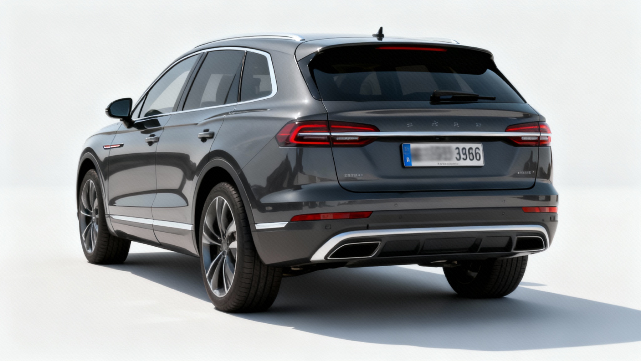 A photorealistic image of the back of a modern gray car on a white background, with the license plate completely blurred out for privacy.