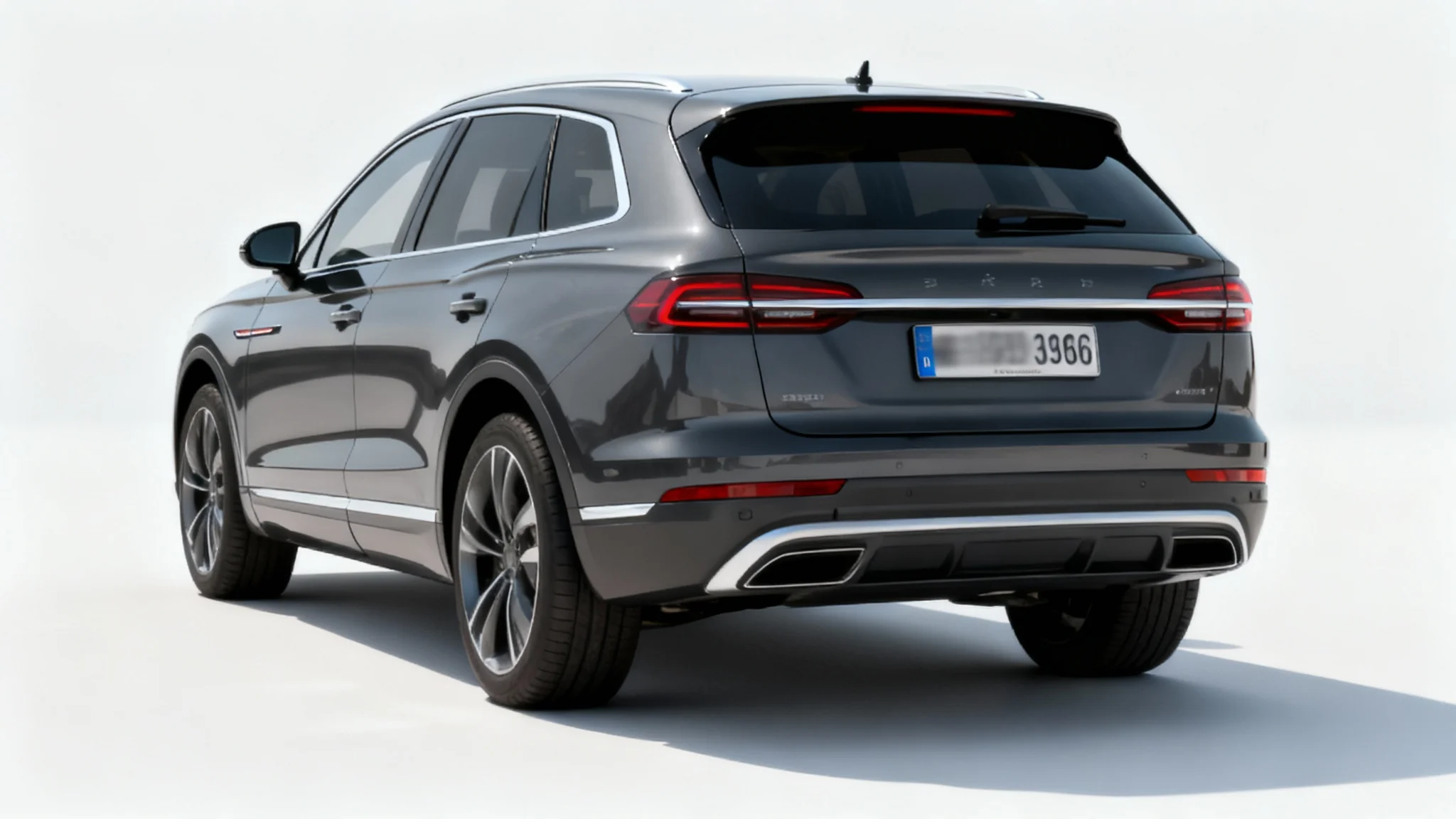 A photorealistic image of the back of a modern gray car on a white background, with the license plate completely blurred out for privacy.