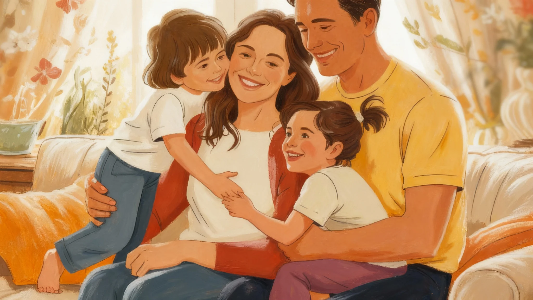 A modern, stylized digital family portrait of a smiling family of four in a cozy living room, representing the final output of a custom portrait generator.