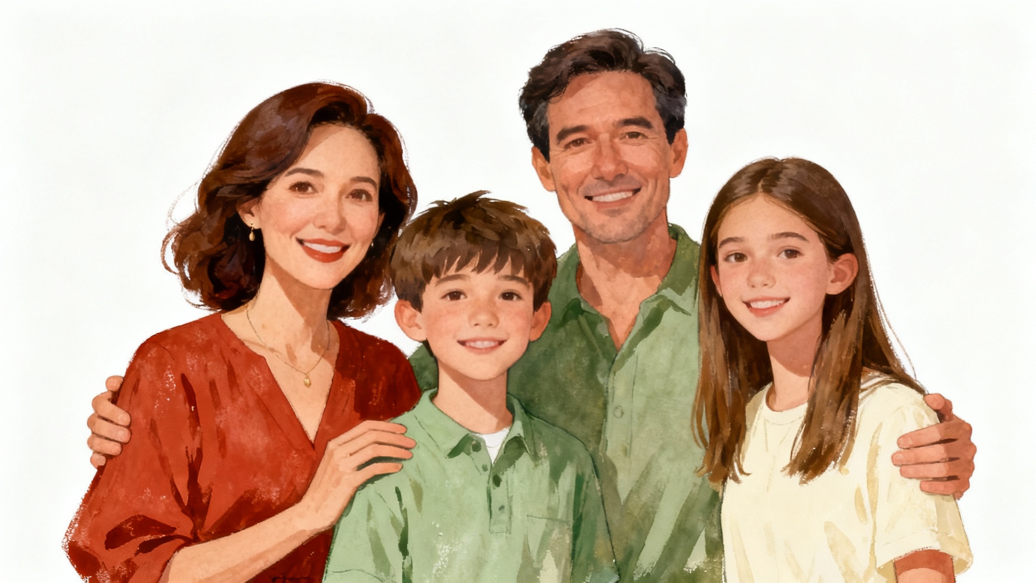A stylized illustrated portrait of a smiling family of four, rendered in warm, earthy tones and displayed against a clean white background.