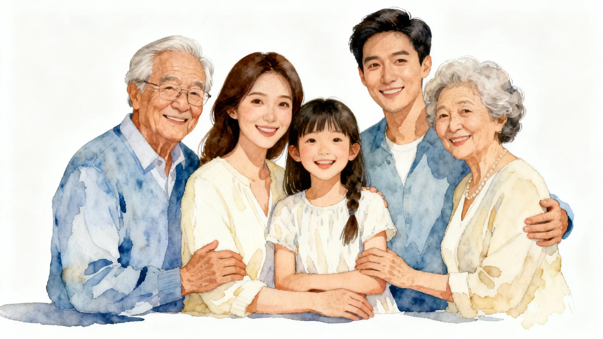 A stylized watercolor illustration of a happy, multi-generational family of five posing closely together against a plain white background, showcasing a custom family portrait.
