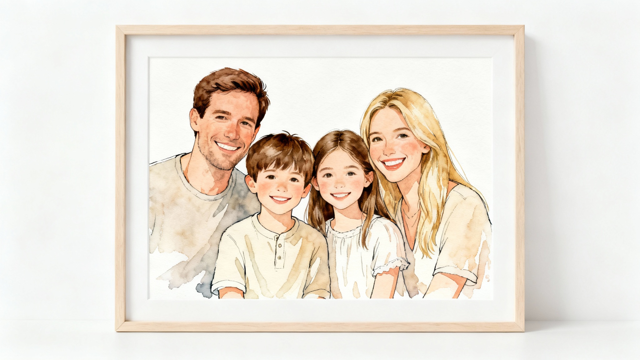A stylized watercolor portrait of a smiling family of four, displayed in a light wood frame against a white background.