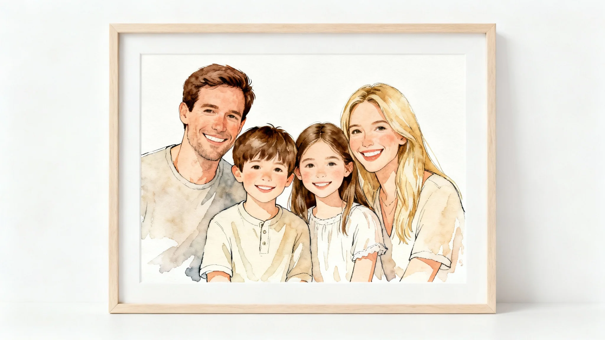 A stylized watercolor portrait of a smiling family of four, displayed in a light wood frame against a white background.