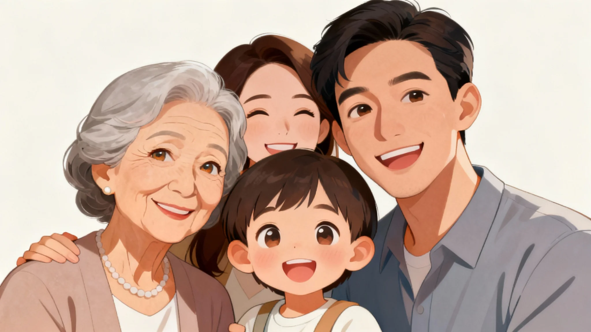 A modern, illustrative-style custom family portrait of a smiling multi-generational family, including a grandmother, parents, and a child, set against a plain white background.