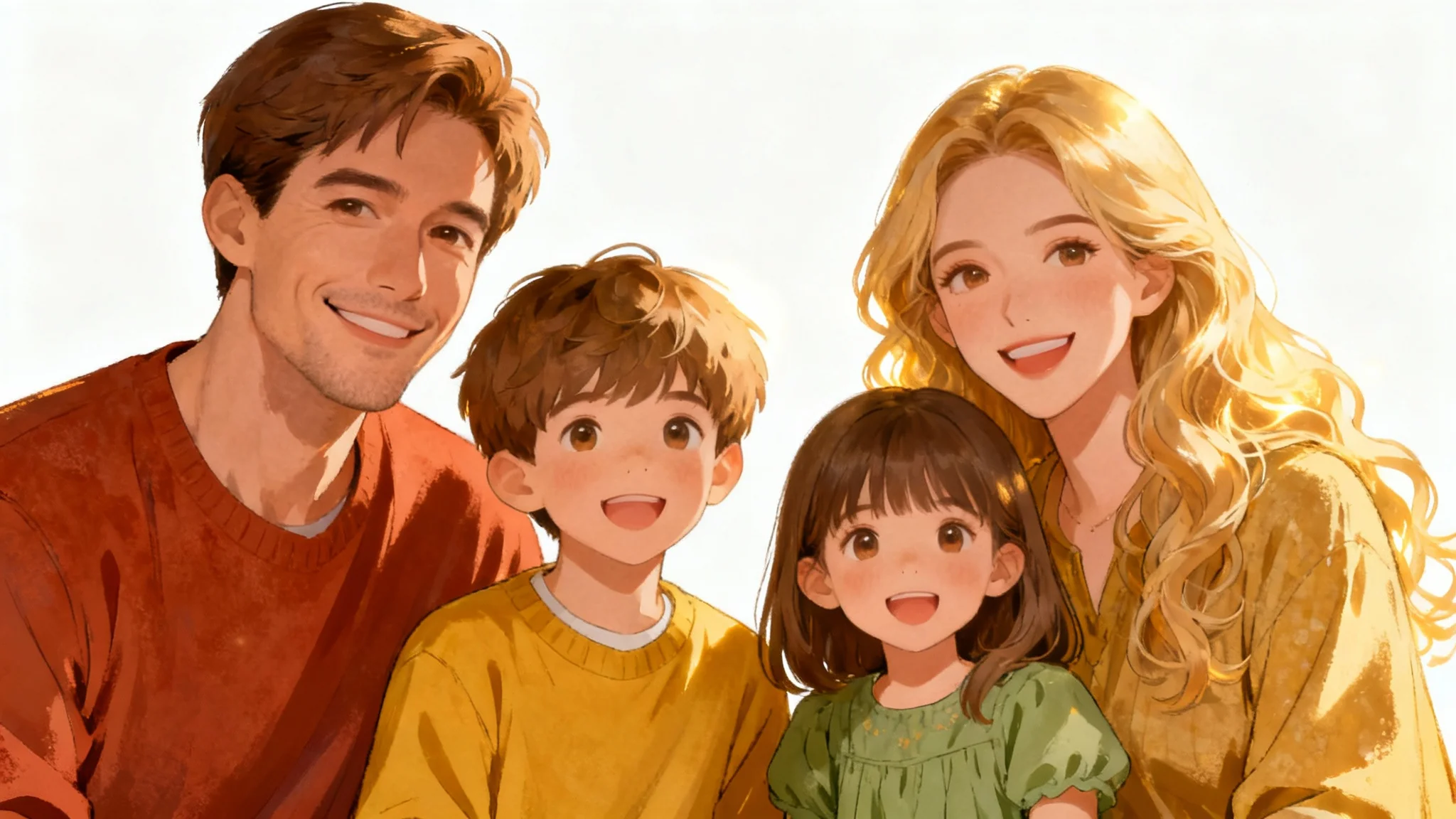A custom-style digital painting of a happy family of four, smiling and posing together against a plain white background.