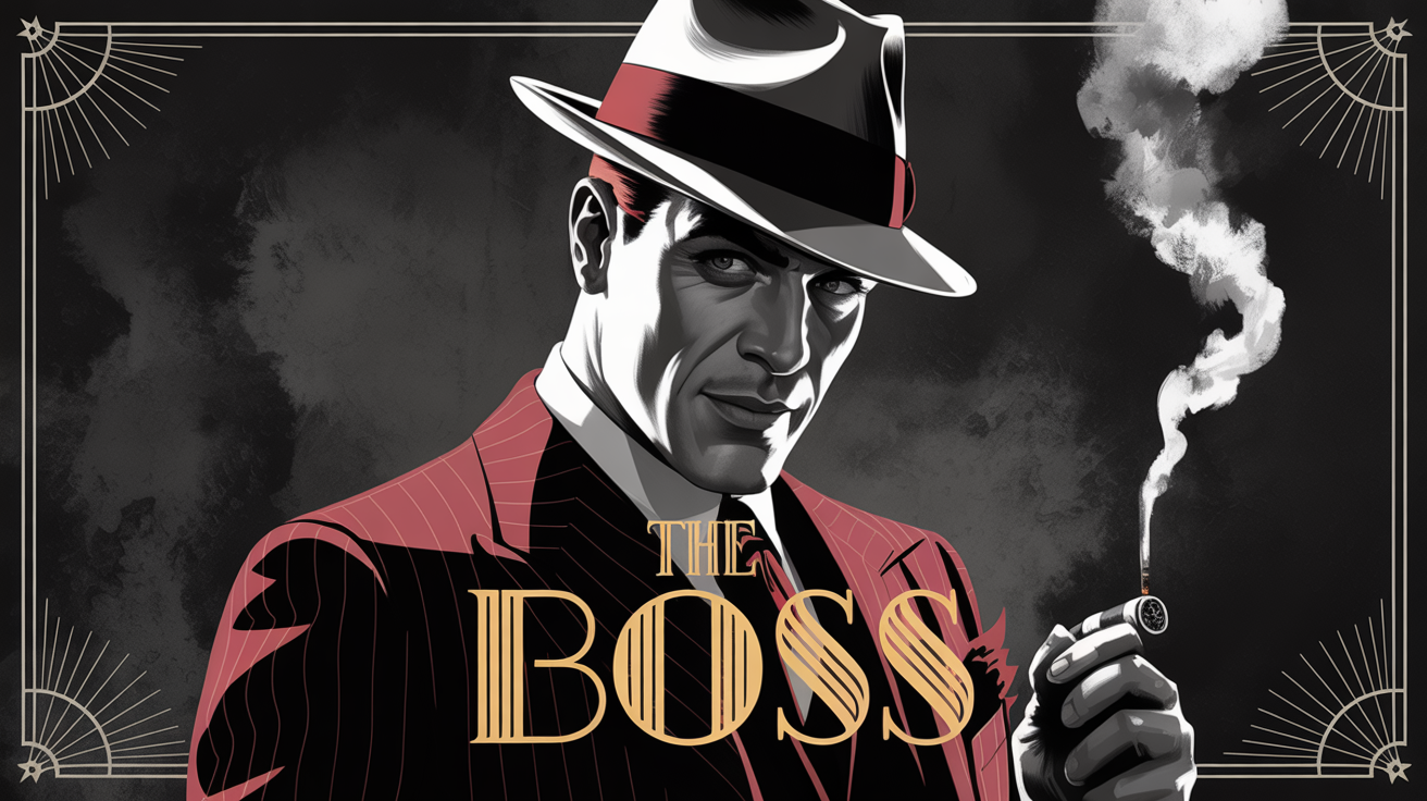 A stylized digital art piece in a 16:9 aspect ratio depicting a classic gangster in a pinstripe suit and fedora, rendered in a noir style with red and gold accents. The words 'THE BOSS' are featured in an Art Deco font.