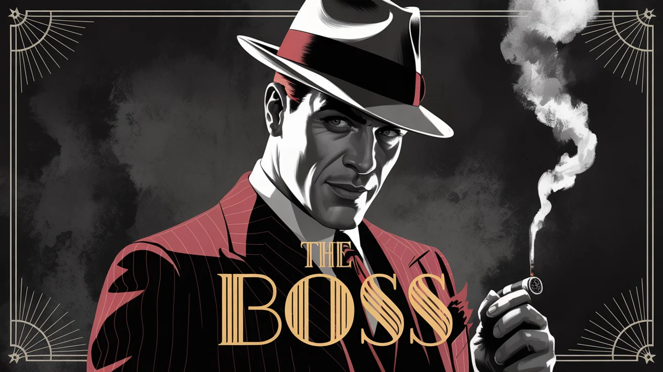 A stylized digital art piece in a 16:9 aspect ratio depicting a classic gangster in a pinstripe suit and fedora, rendered in a noir style with red and gold accents. The words 'THE BOSS' are featured in an Art Deco font.