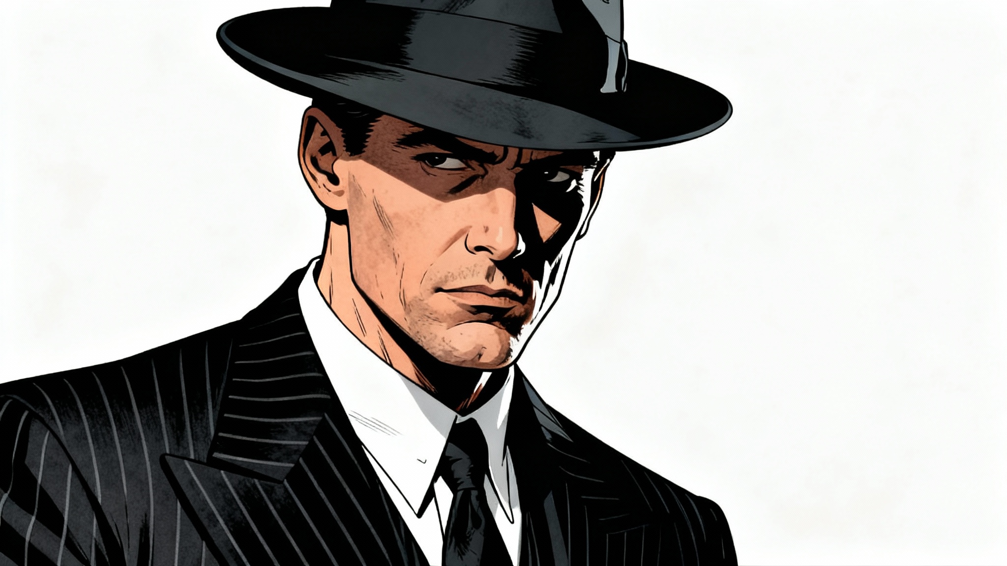 A graphic novel style illustration of a 1920s gangster in a pinstripe suit and fedora, set against a clean white background with dramatic shadowing.