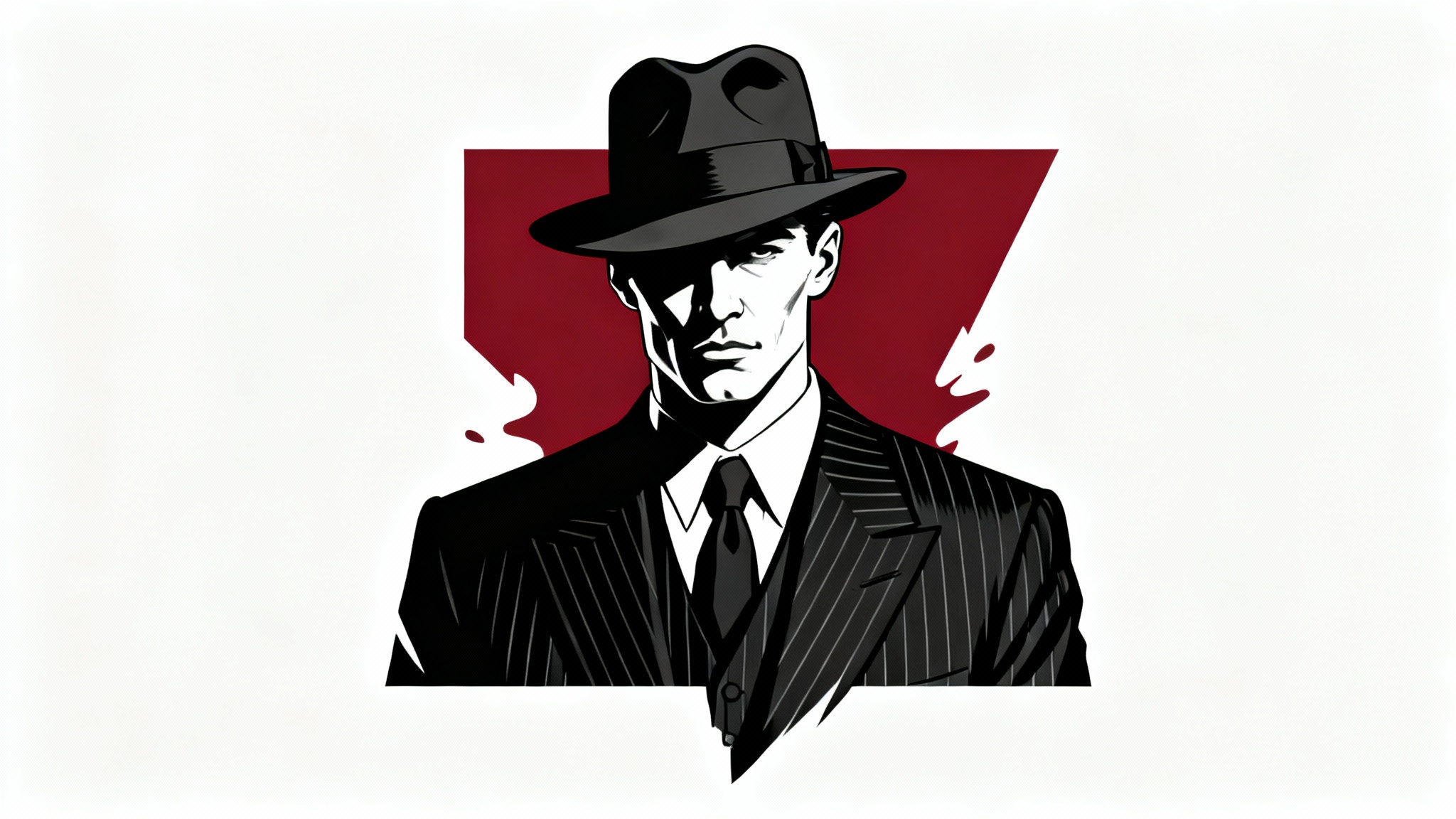 A high-contrast, graphic novel style illustration of a 1920s gangster in a pinstripe suit and fedora, with a red accent in the background, presented on a clean white surface.