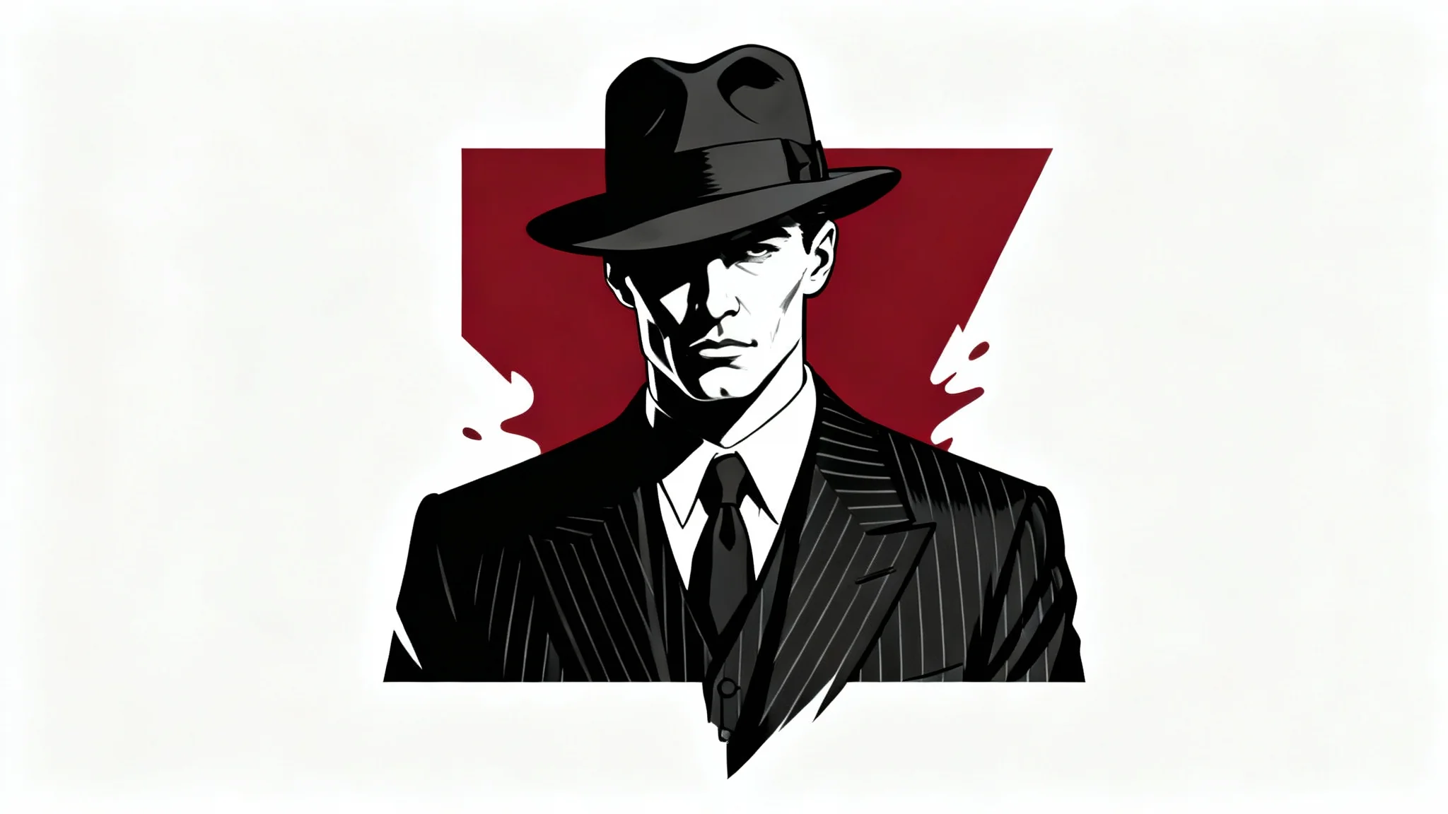 A high-contrast, graphic novel style illustration of a 1920s gangster in a pinstripe suit and fedora, with a red accent in the background, presented on a clean white surface.