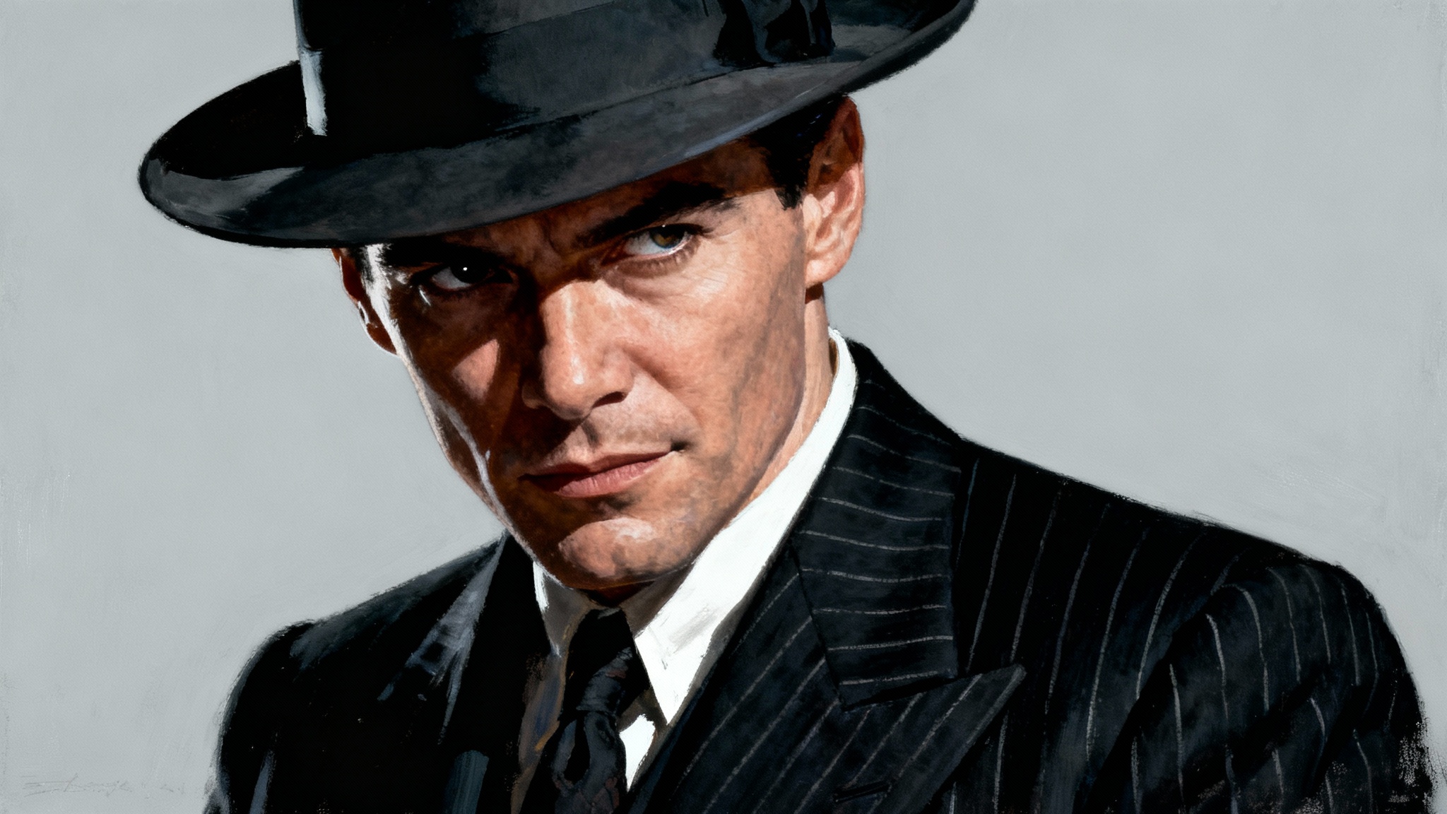 A photorealistic digital painting of a 1930s gangster in a pinstripe suit and fedora, depicted in a dramatic film noir style against a plain light gray background.