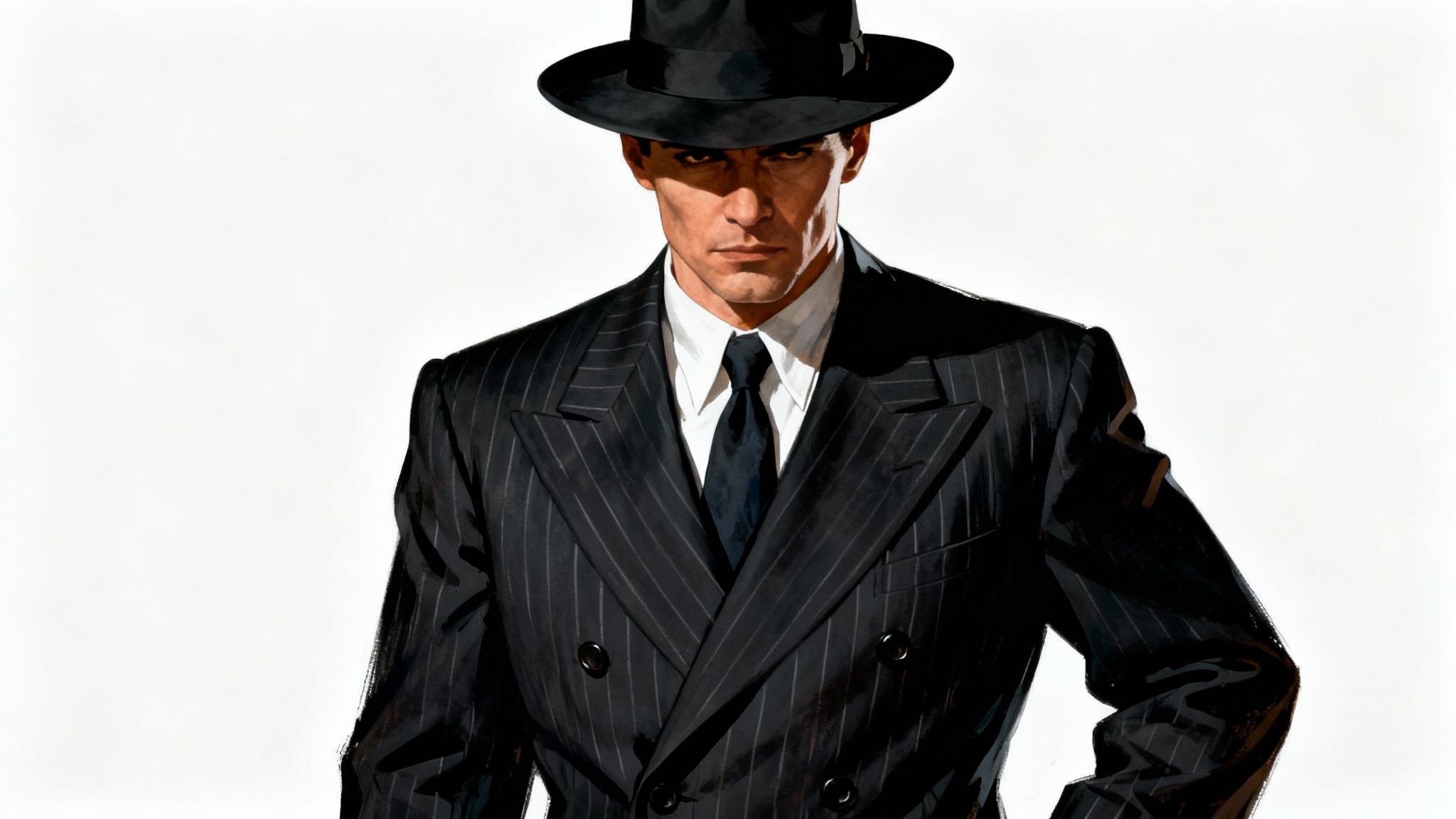 A stylized digital painting of a 1930s-era gangster in a pinstripe suit and fedora, depicted with dramatic lighting against a solid white background.