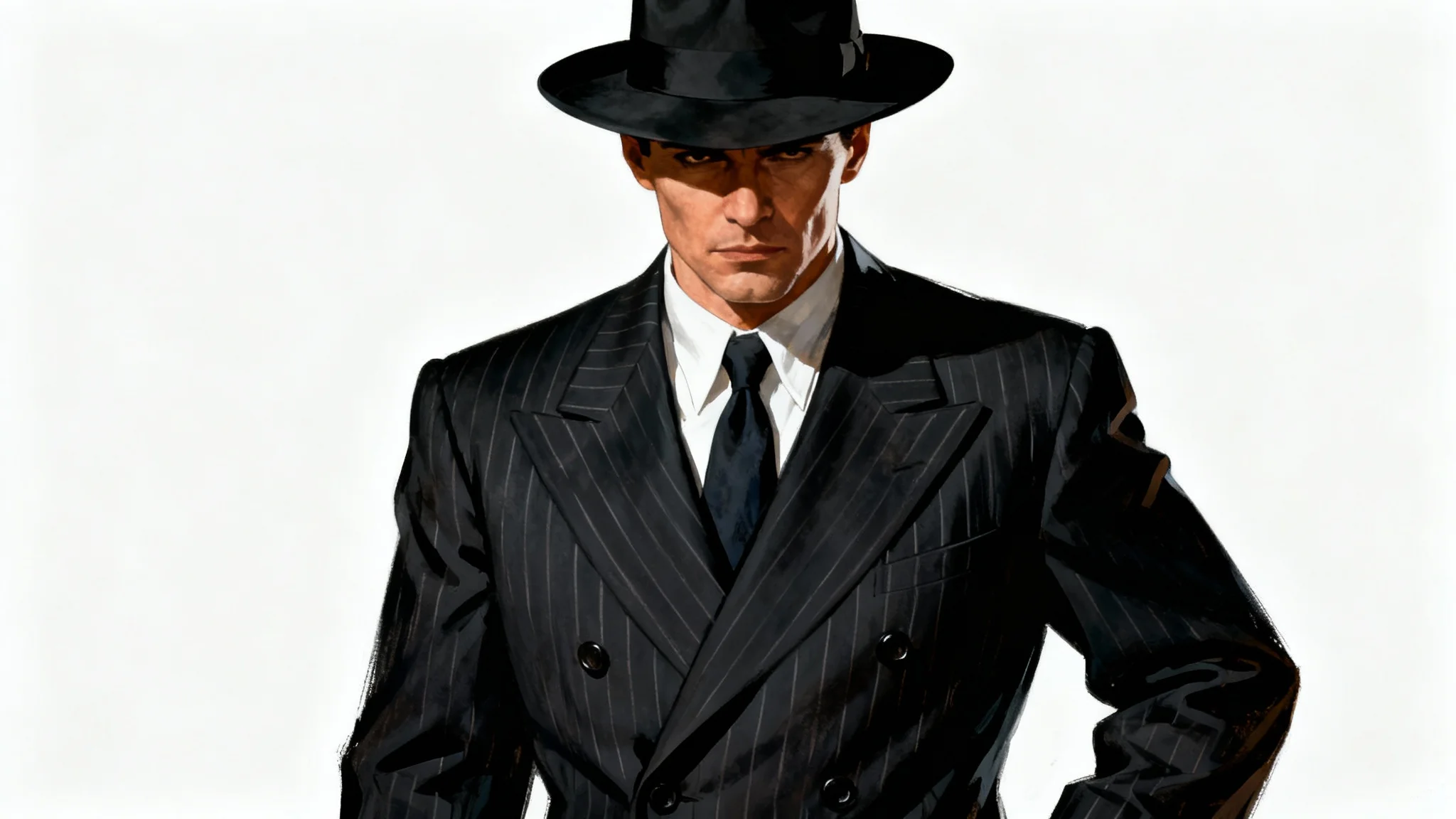 A stylized digital painting of a 1930s-era gangster in a pinstripe suit and fedora, depicted with dramatic lighting against a solid white background.