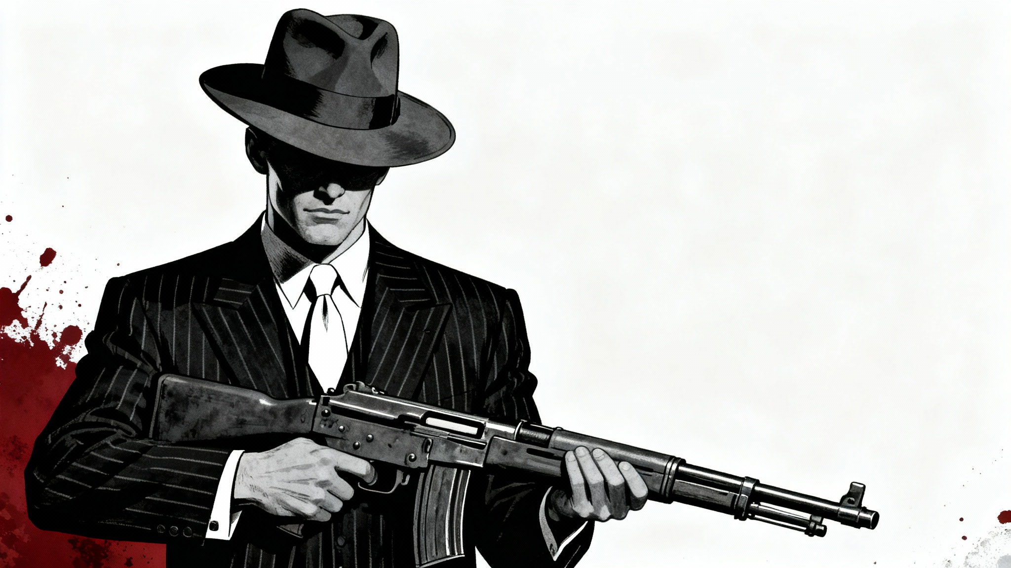 A stylized graphic illustration of a 1920s gangster in a pinstripe suit and fedora, holding a Tommy gun against a white background with a red splash.