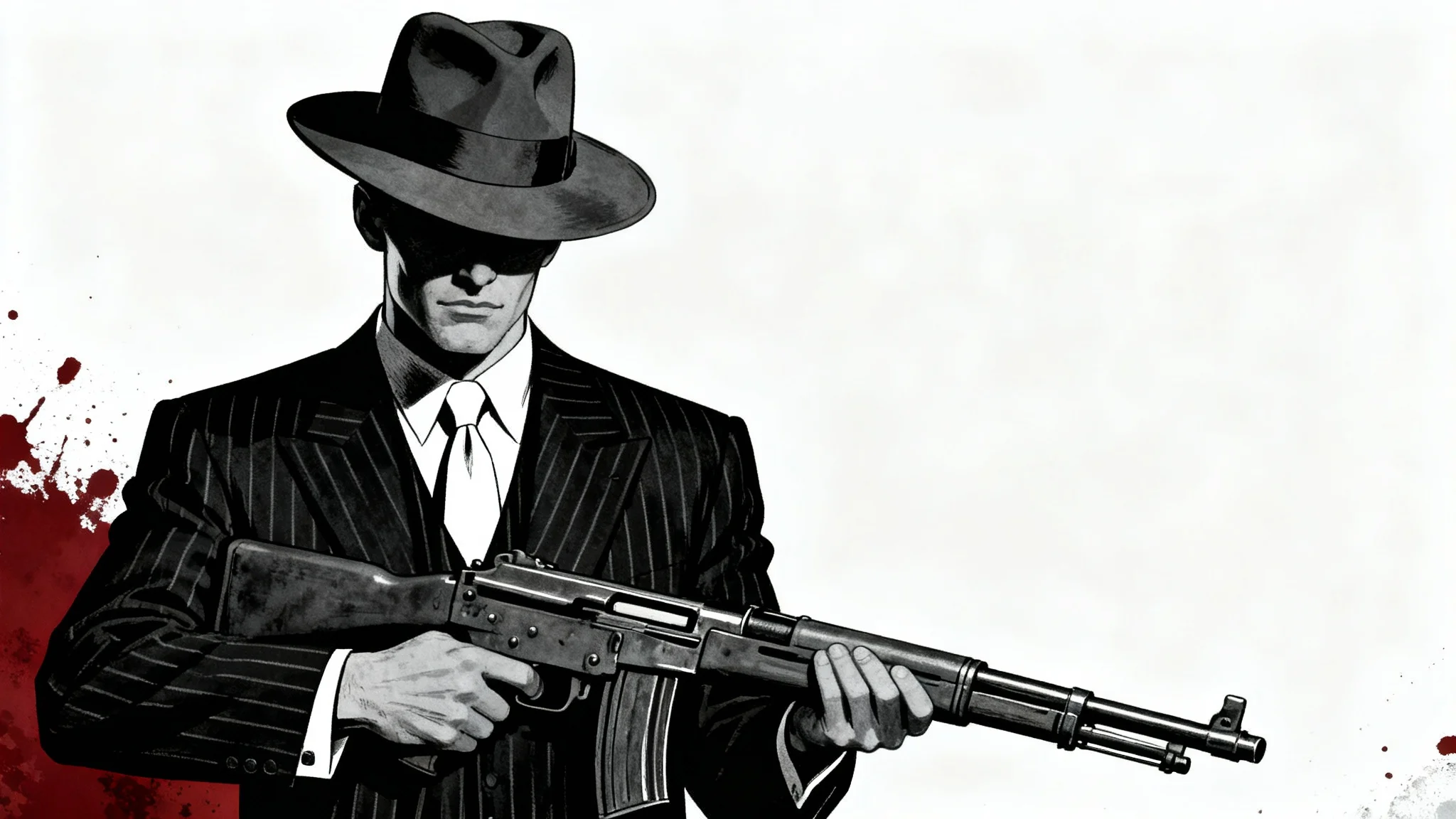 A stylized graphic illustration of a 1920s gangster in a pinstripe suit and fedora, holding a Tommy gun against a white background with a red splash.