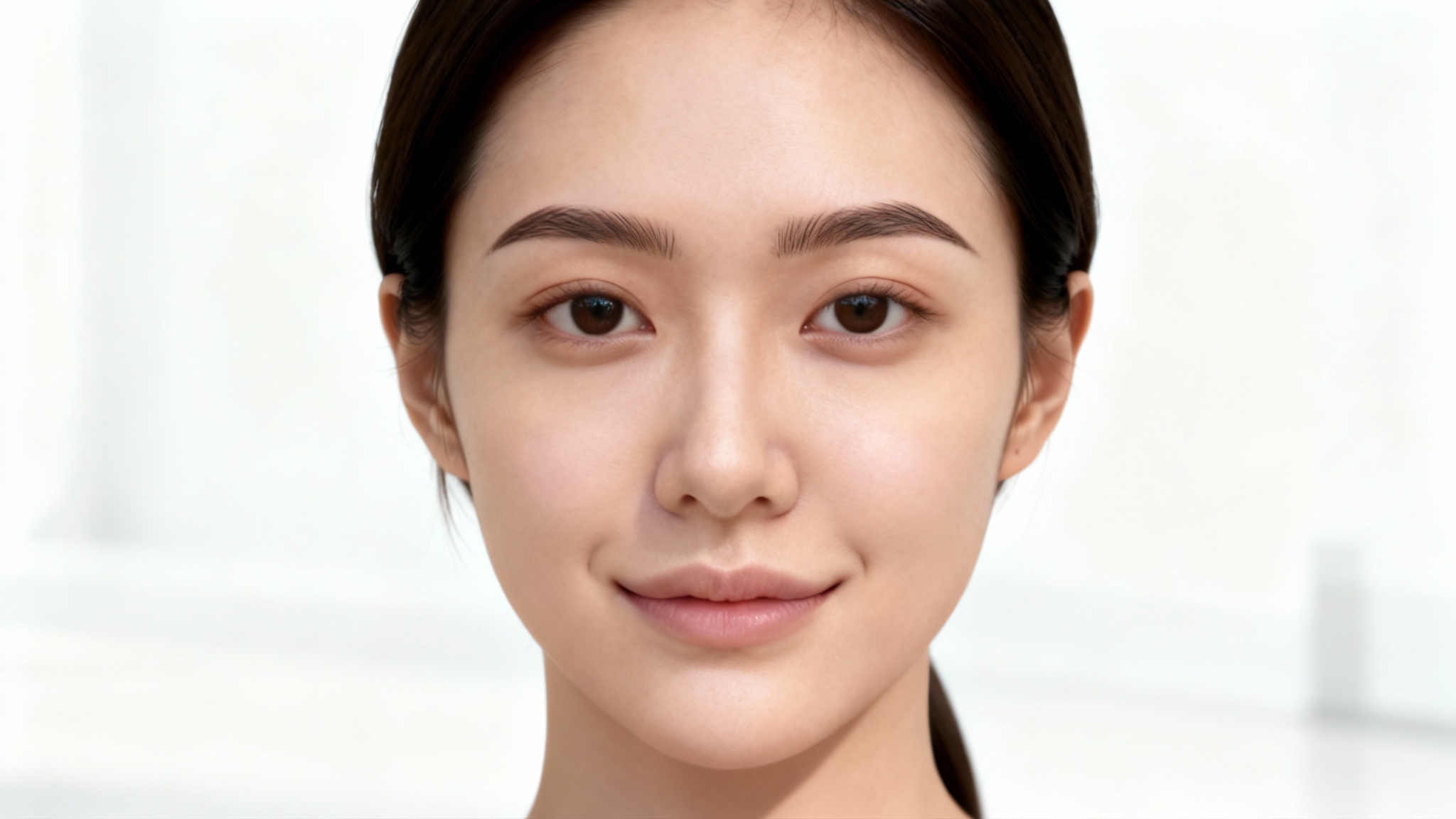 A photorealistic close-up portrait of a woman's face after using a tool to add eyebrows. She is smiling and has perfectly shaped, natural-looking eyebrows.