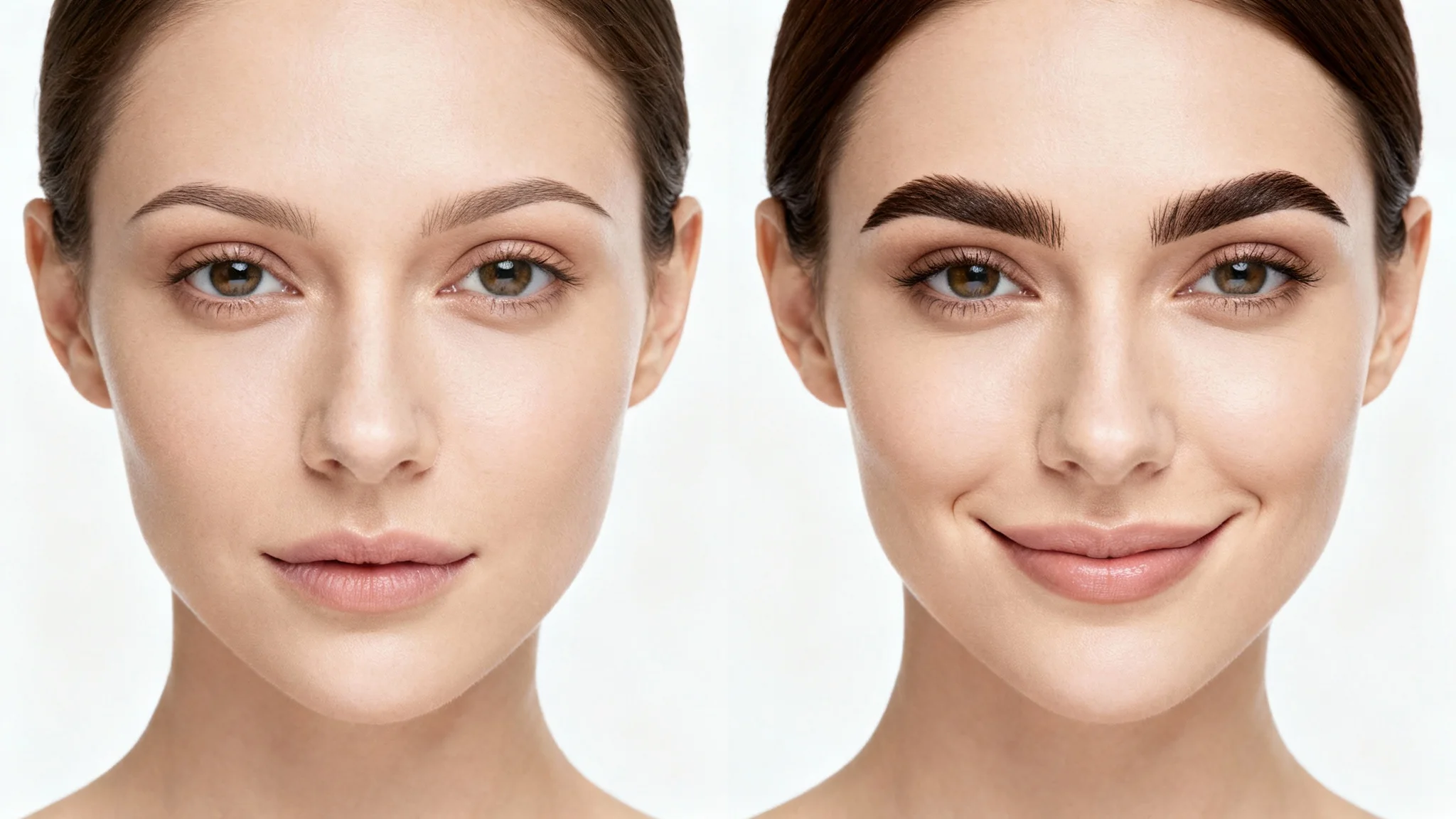A before and after comparison image. The left side shows a woman with very faint eyebrows, and the right side shows the same woman with full, well-defined eyebrows.