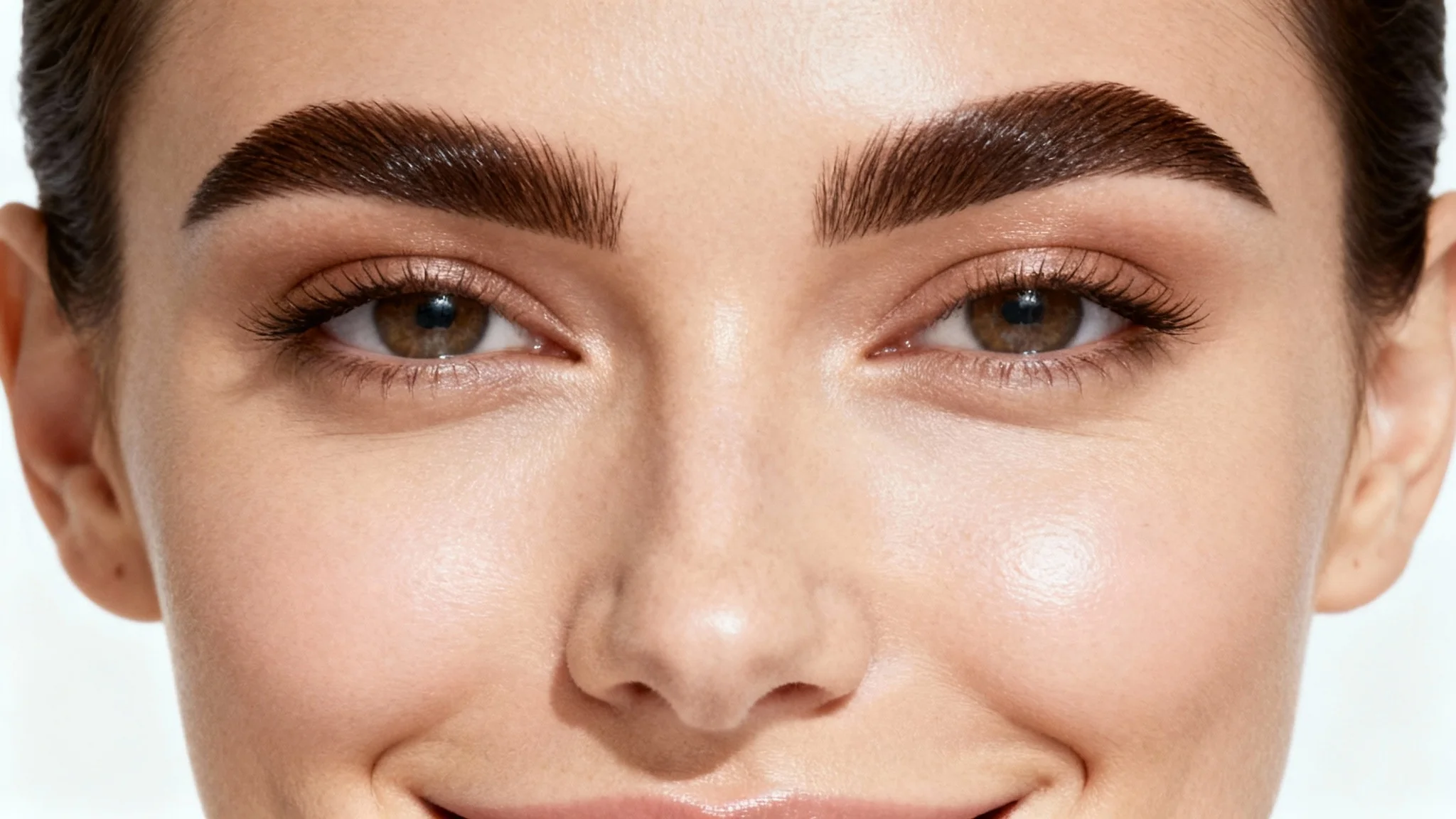 A close-up beauty shot of a woman with perfectly defined, full eyebrows, looking confidently at the camera against a plain white background, demonstrating the result of adding eyebrows to a photo.
