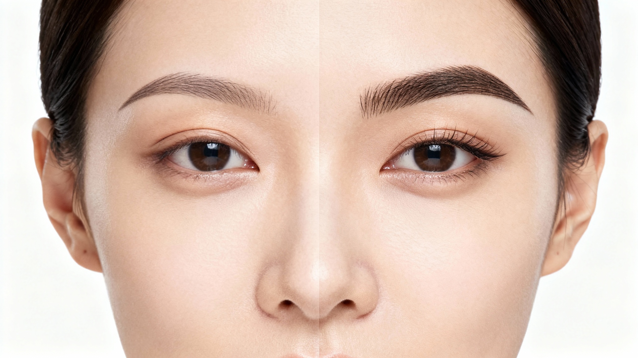 A before-and-after comparison photo of a woman's face. The left side shows her with sparse eyebrows, while the right side shows her with full, perfectly shaped eyebrows, demonstrating an eyebrow enhancement effect.