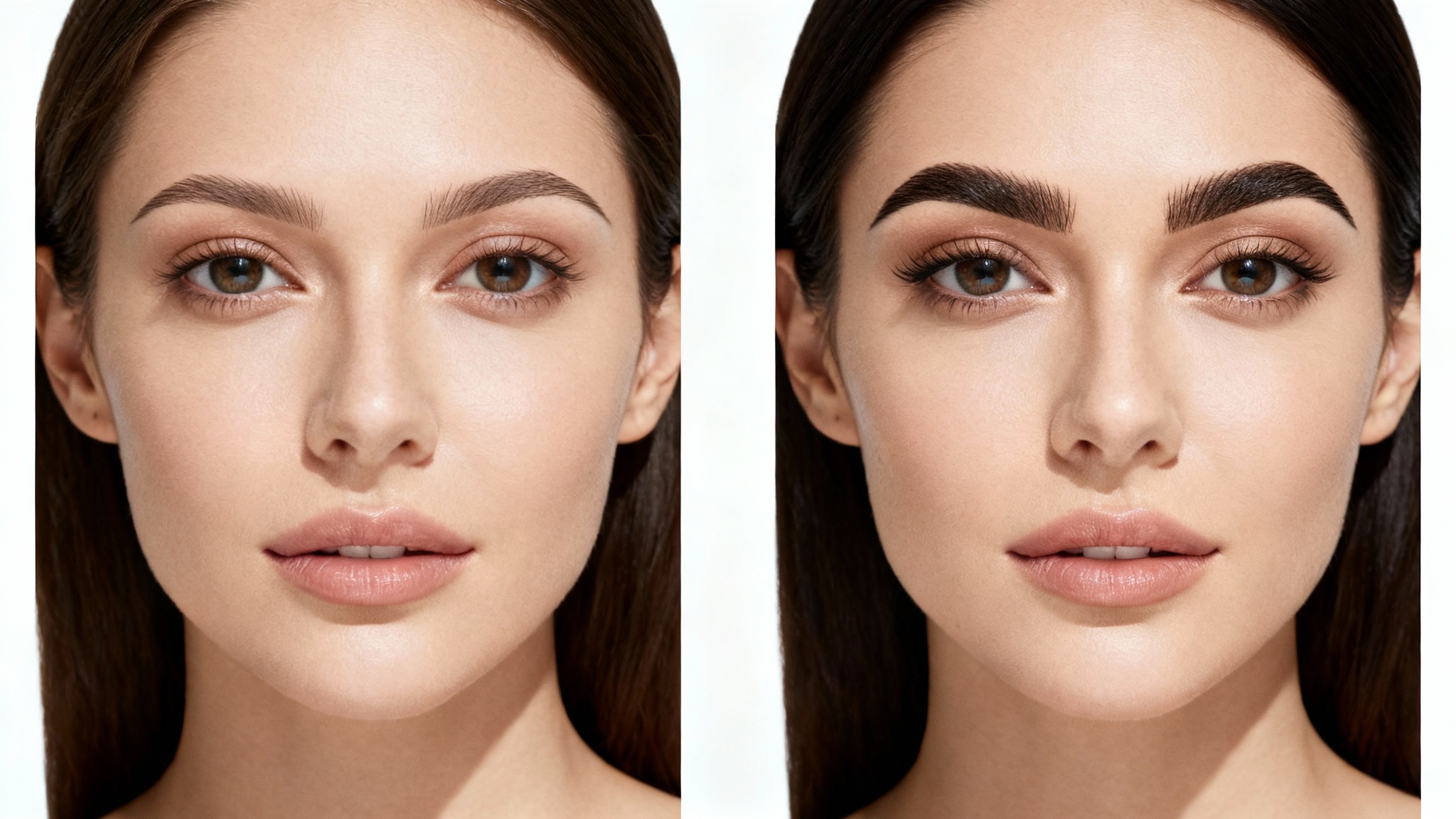 A before-and-after comparison image showing a woman's face. The 'before' side displays sparse, thin eyebrows, while the 'after' side shows the same woman with full, perfectly shaped eyebrows.