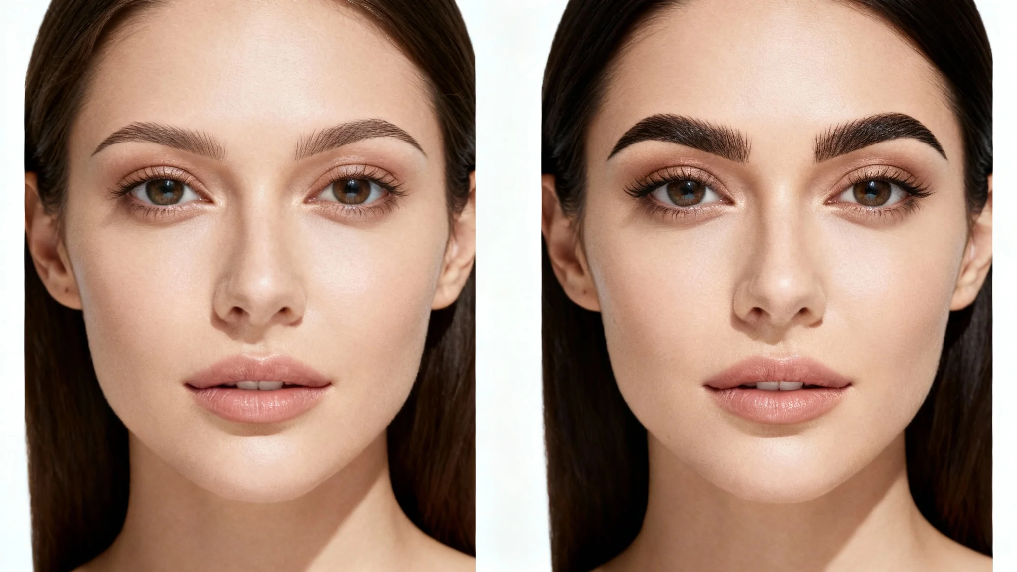 A before-and-after comparison image showing a woman's face. The 'before' side displays sparse, thin eyebrows, while the 'after' side shows the same woman with full, perfectly shaped eyebrows.