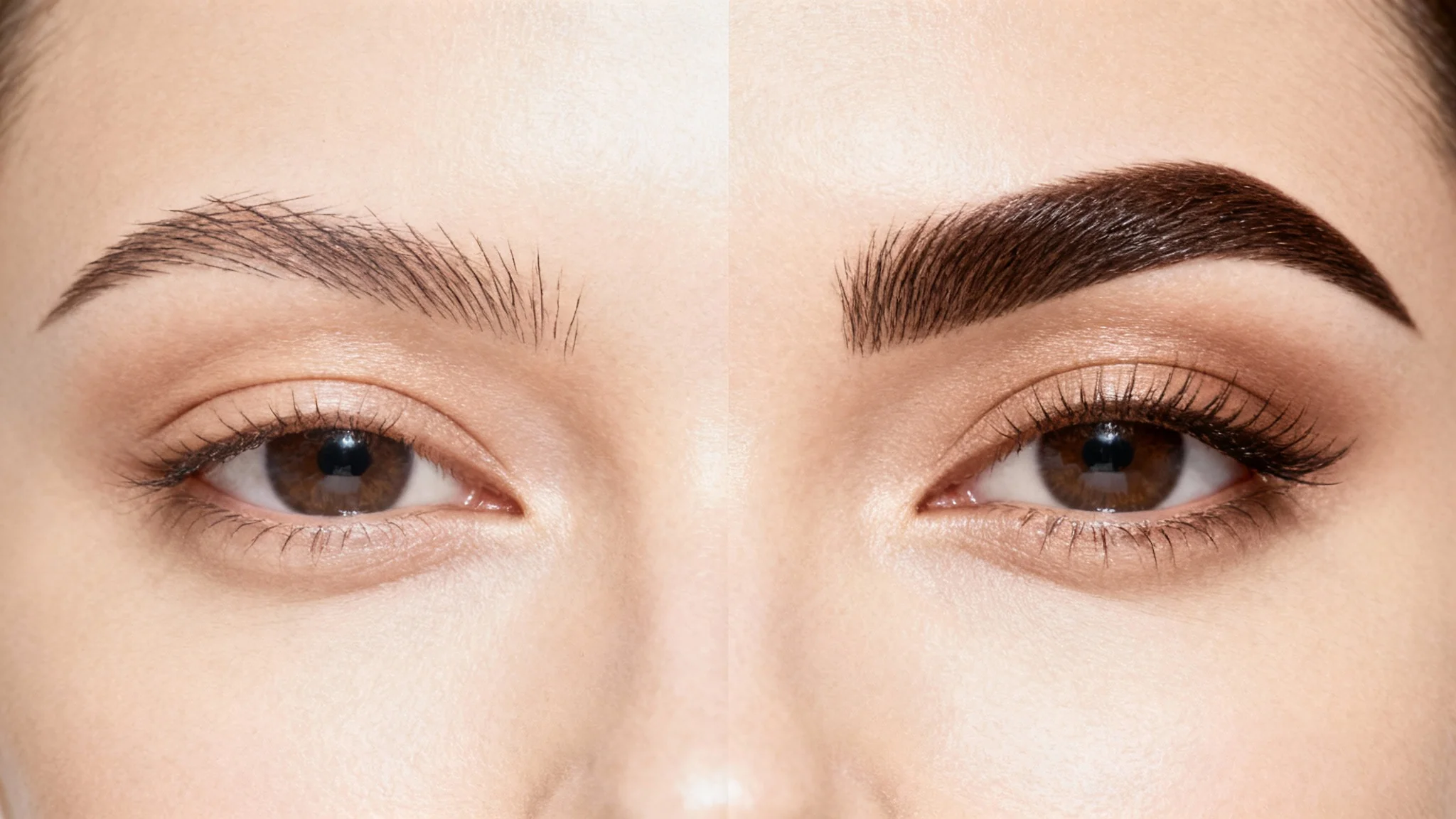 A before-and-after split image showing a woman's face. The left side shows a thin, sparse eyebrow, while the right side shows a full, perfectly shaped eyebrow, illustrating the effect of adding eyebrows to a photo.