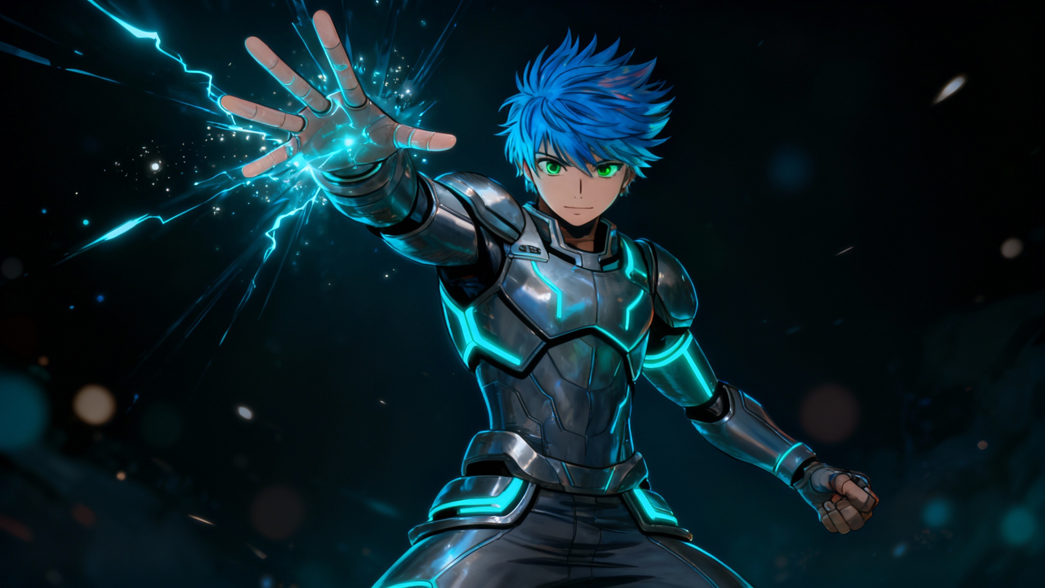A fully colored anime illustration of a young man with blue hair and futuristic armor, created from a line art reference. He is casting a glowing energy spell in a dynamic pose against a dark, atmospheric background.