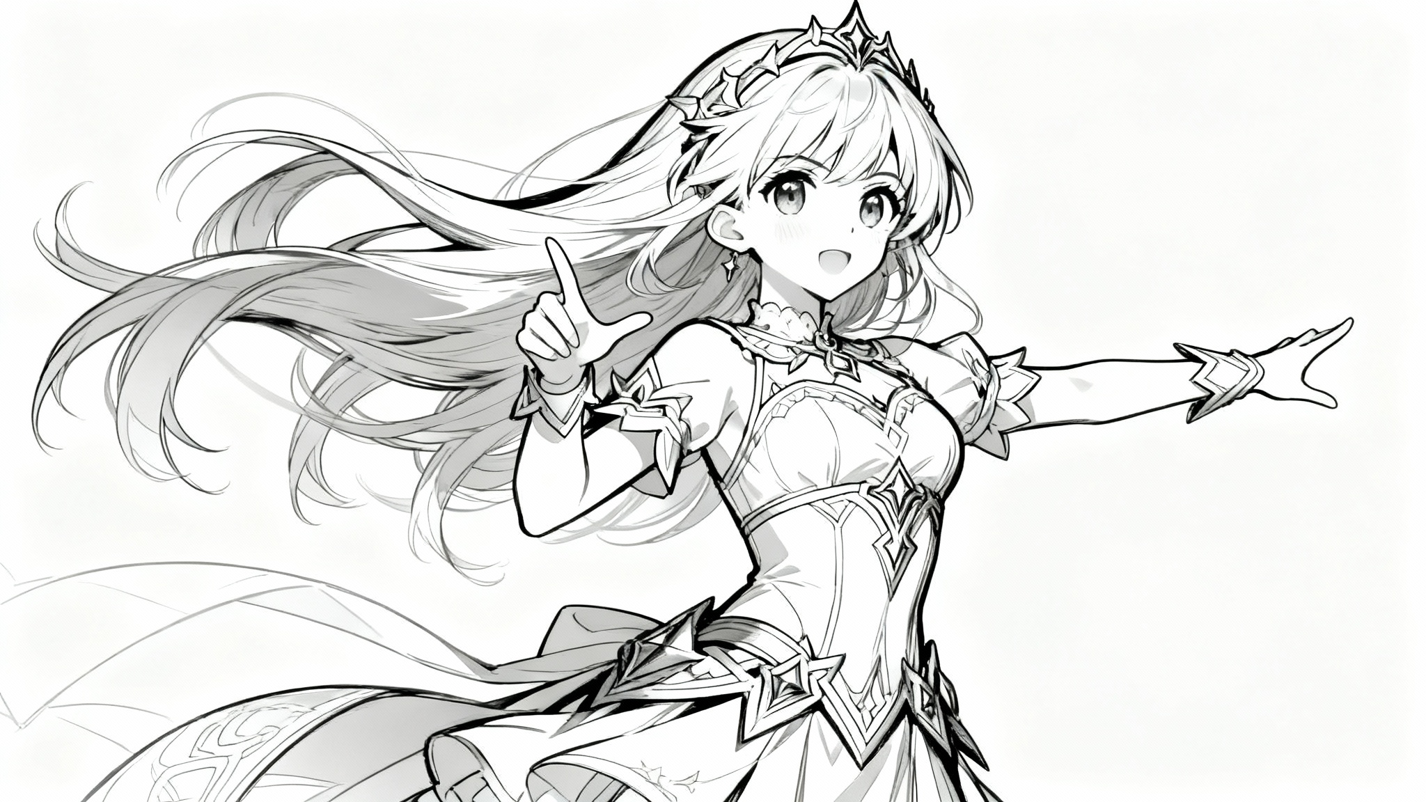 A detailed black and white anime line art drawing of a magical girl in a dynamic pose, isolated on a clean white background, showcasing the clean lines of the art style.