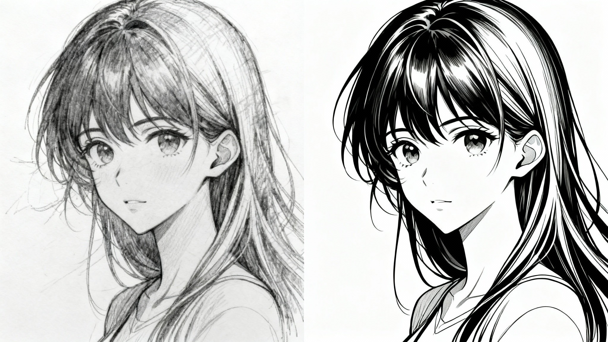 A split-screen image demonstrating a transformation. The left side shows a rough pencil sketch of an anime character, and the right side shows the same character as clean, professional digital line art.