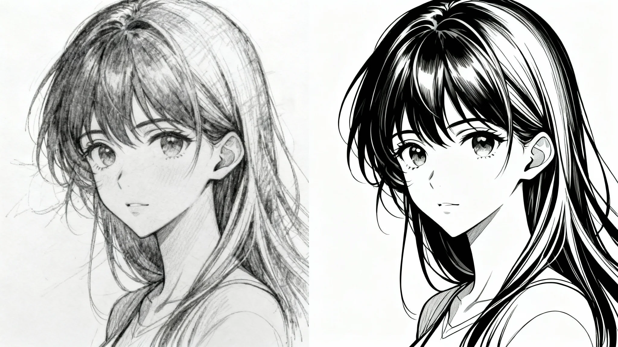 A split-screen image demonstrating a transformation. The left side shows a rough pencil sketch of an anime character, and the right side shows the same character as clean, professional digital line art.