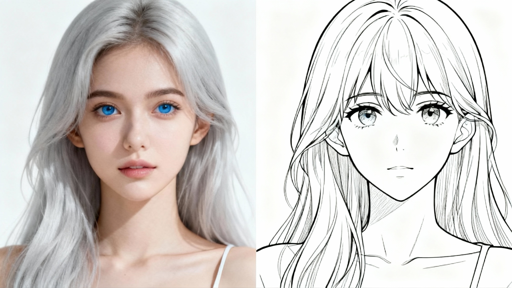A split image showing the transformation of a photorealistic portrait of a woman with silver hair into a clean black and white anime line art drawing, demonstrating a before-and-after effect.