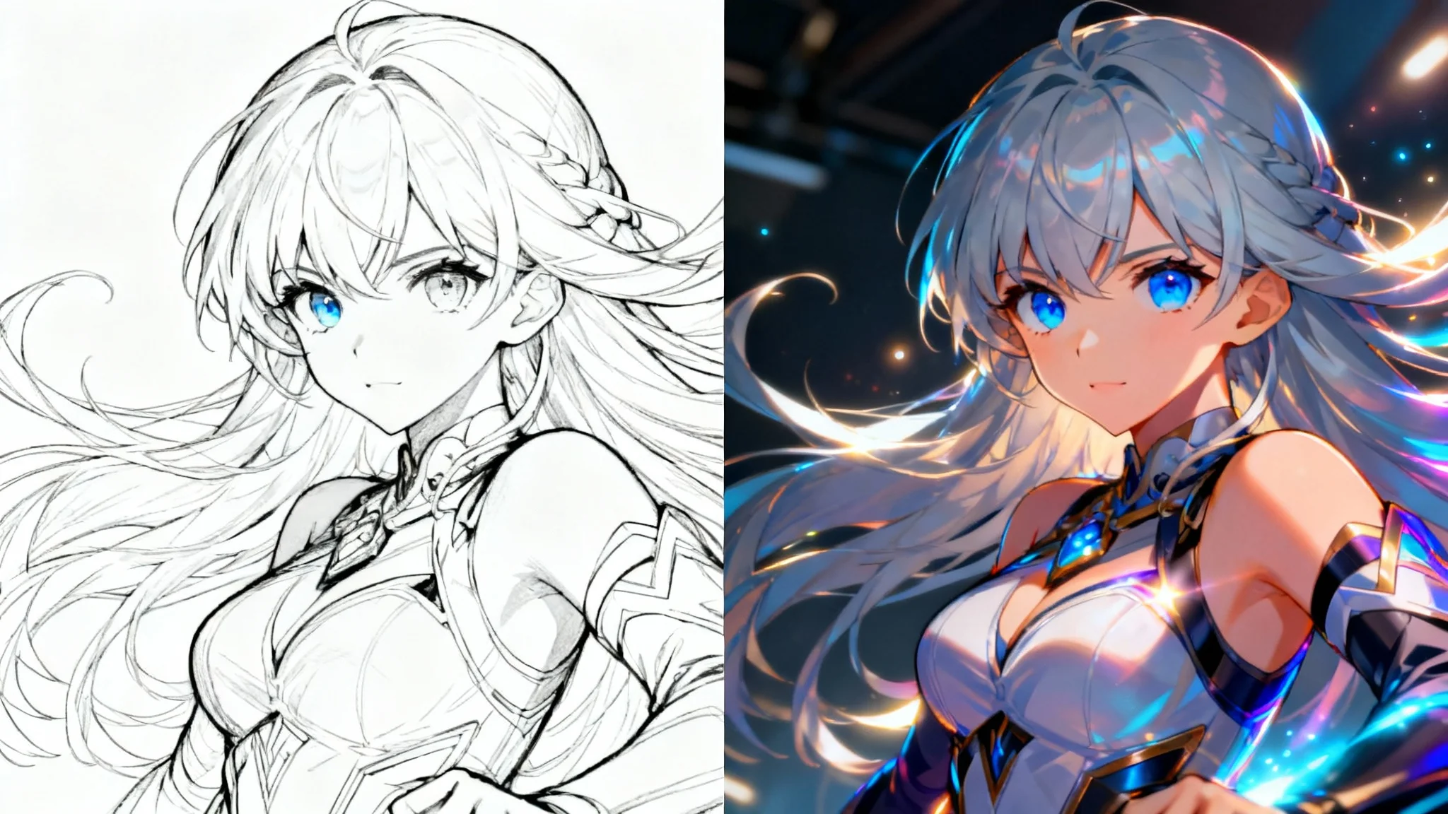 A split-screen image of an anime character. The left side shows the character in black-and-white lineart, and the right side shows the same character fully colored and shaded, demonstrating a transformation from a sketch to a finished piece.