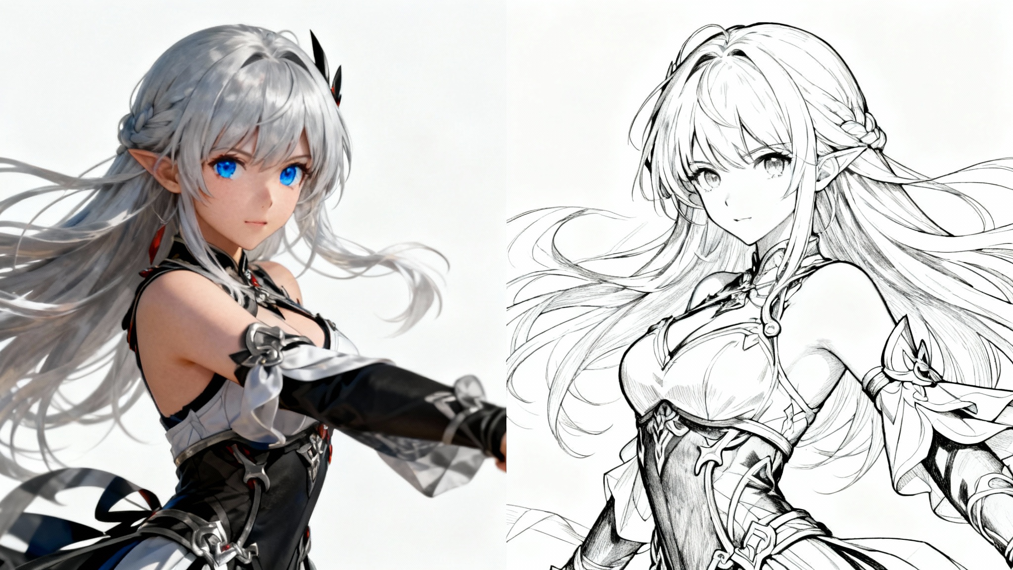 A side-by-side comparison showing a full-color anime character on the left and the same character as clean black and white line art on the right, set against a plain white background.