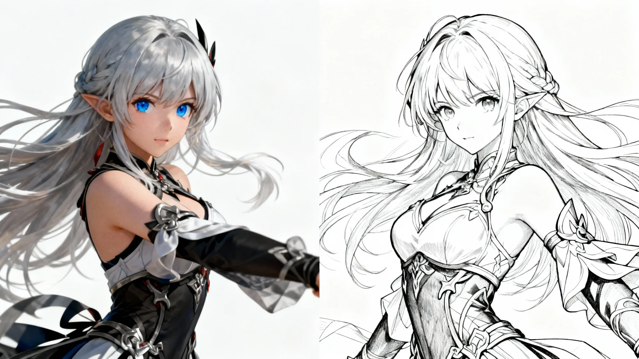 A side-by-side comparison showing a full-color anime character on the left and the same character as clean black and white line art on the right, set against a plain white background.