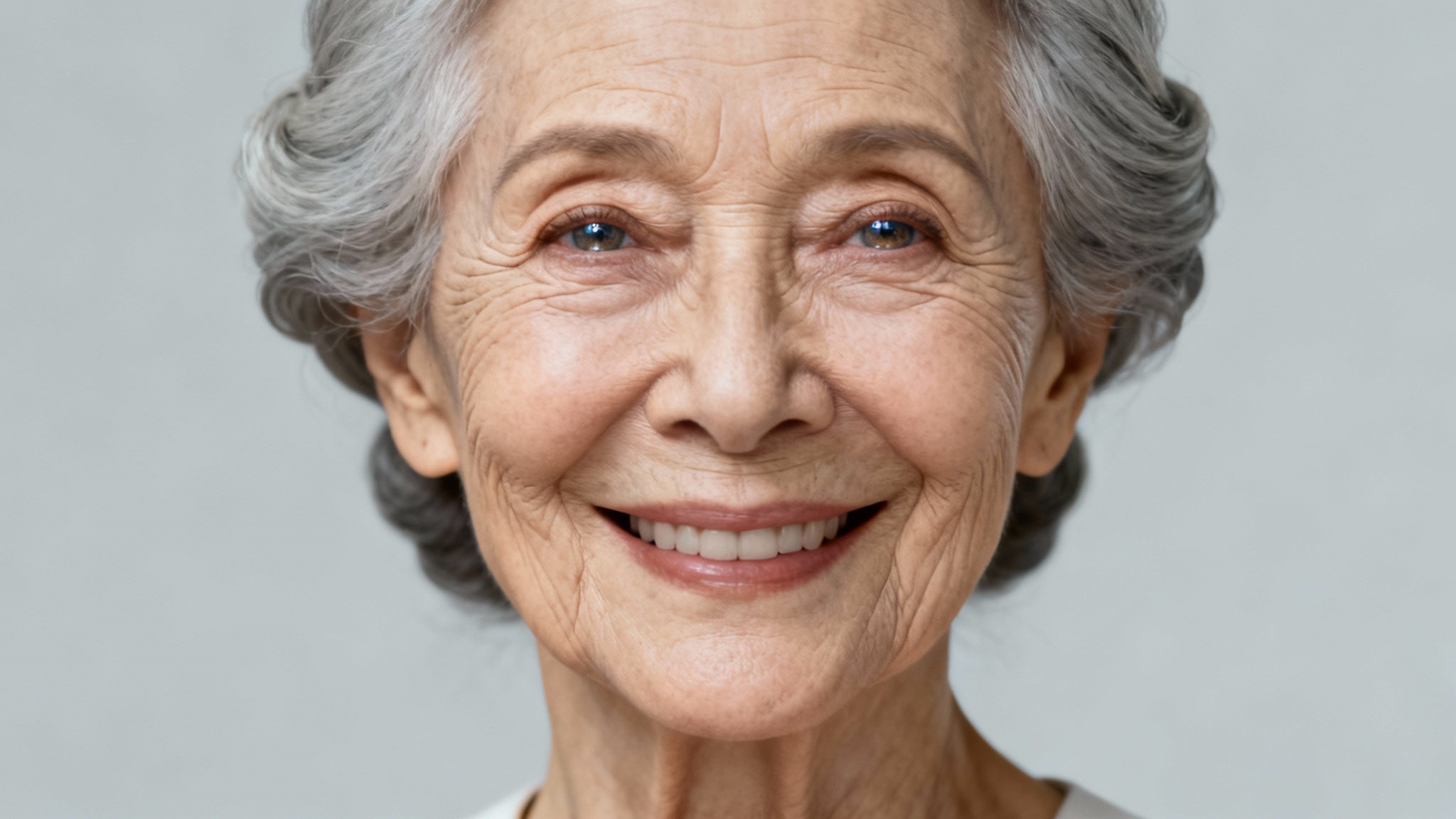 A close-up portrait showing the hyper-realistic result of an old age filter applied to a young woman's face, now appearing as an elegant elderly woman with detailed wrinkles and silver hair.
