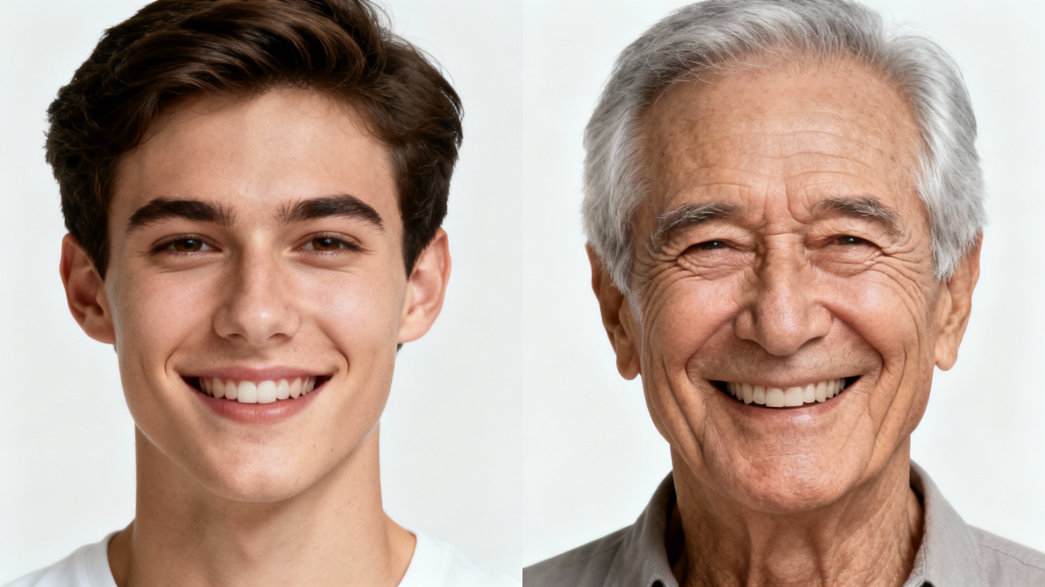 A before-and-after split image showing a young man on the left and a realistic depiction of him as an old man on the right, illustrating the effect of an old age filter.