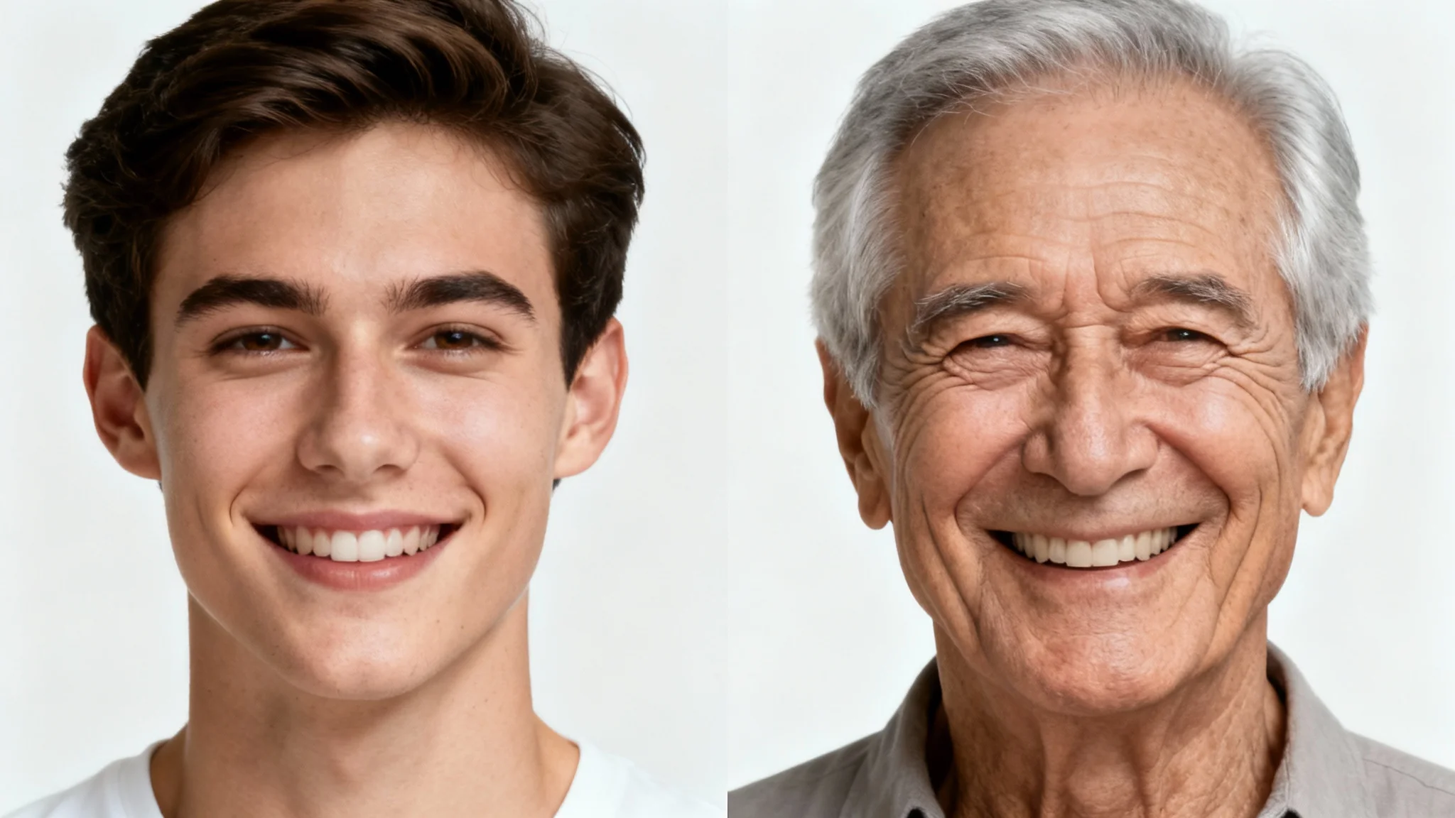 A before-and-after split image showing a young man on the left and a realistic depiction of him as an old man on the right, illustrating the effect of an old age filter.