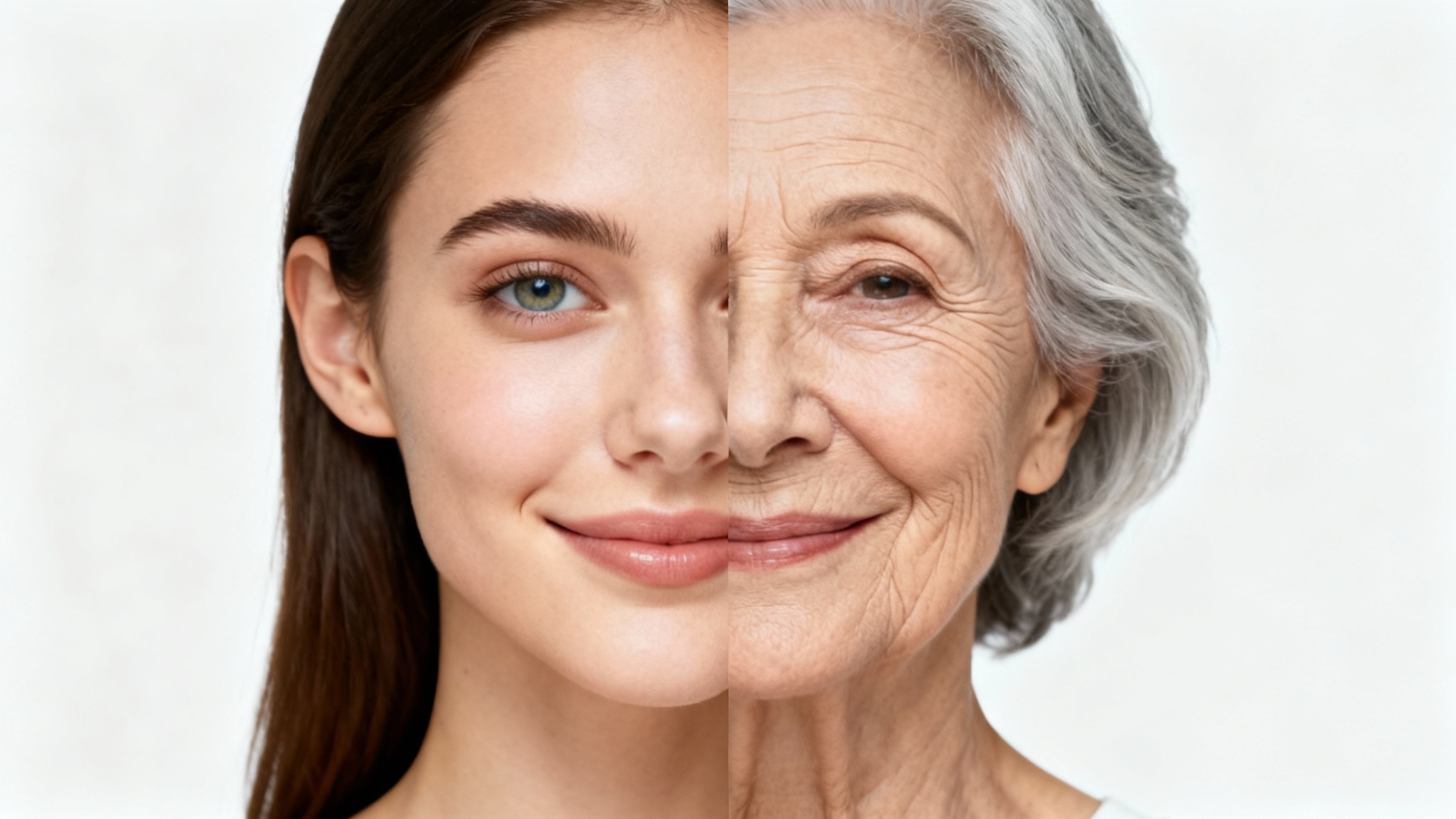 A split image showing a before-and-after of an old age filter. The left side shows a young woman smiling, and the right side shows the same woman realistically aged with wrinkles and gray hair.
