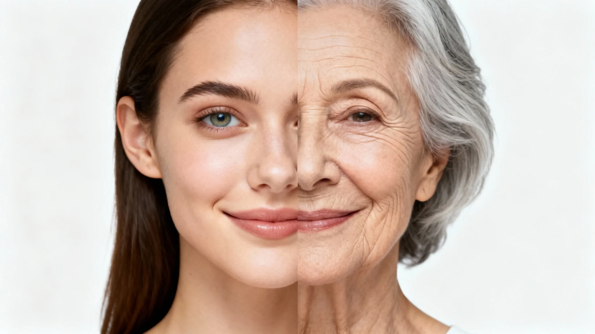A split image showing a before-and-after of an old age filter. The left side shows a young woman smiling, and the right side shows the same woman realistically aged with wrinkles and gray hair.