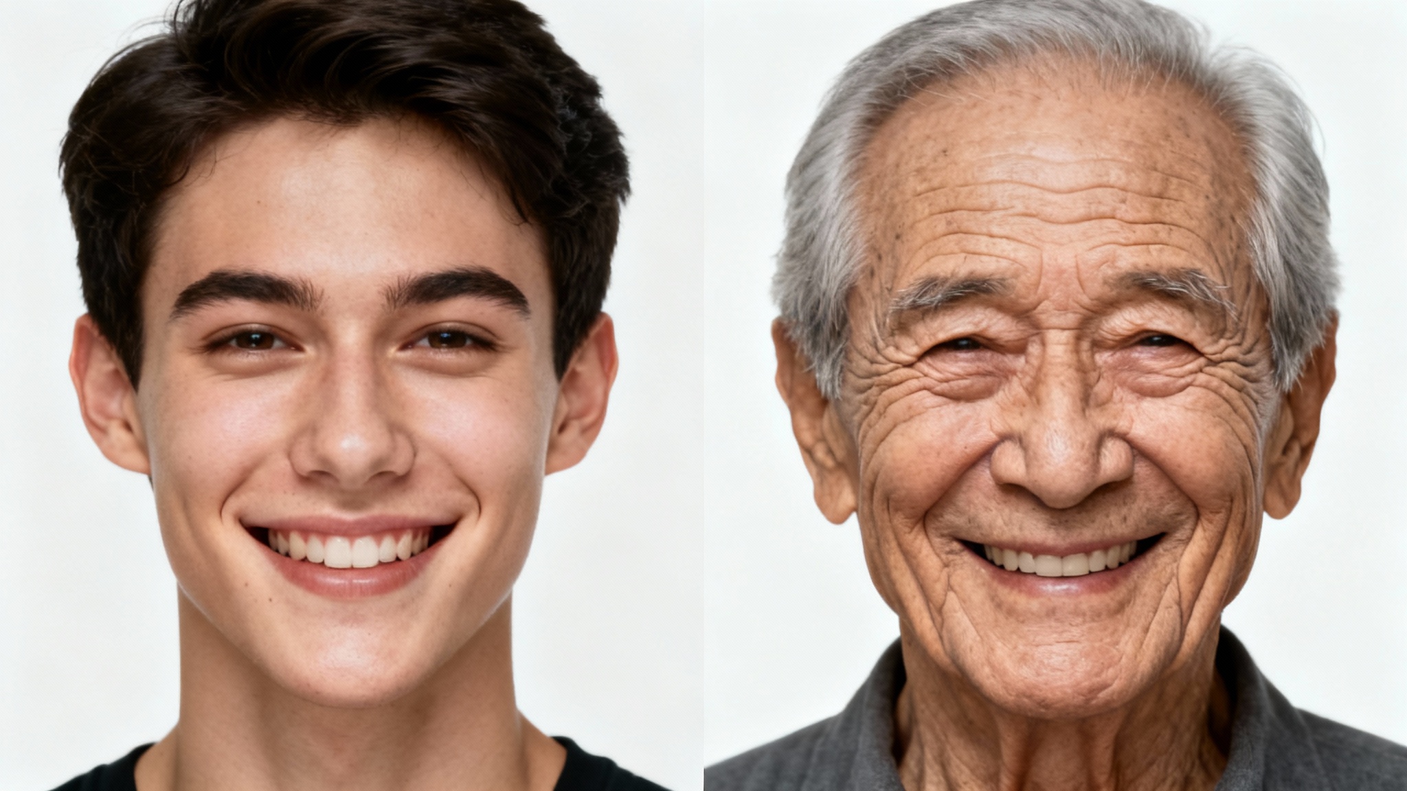 A split-screen image demonstrating an old age filter. The left side shows the face of a young man, and the right side shows the same man realistically aged to look like a senior, complete with wrinkles and gray hair.