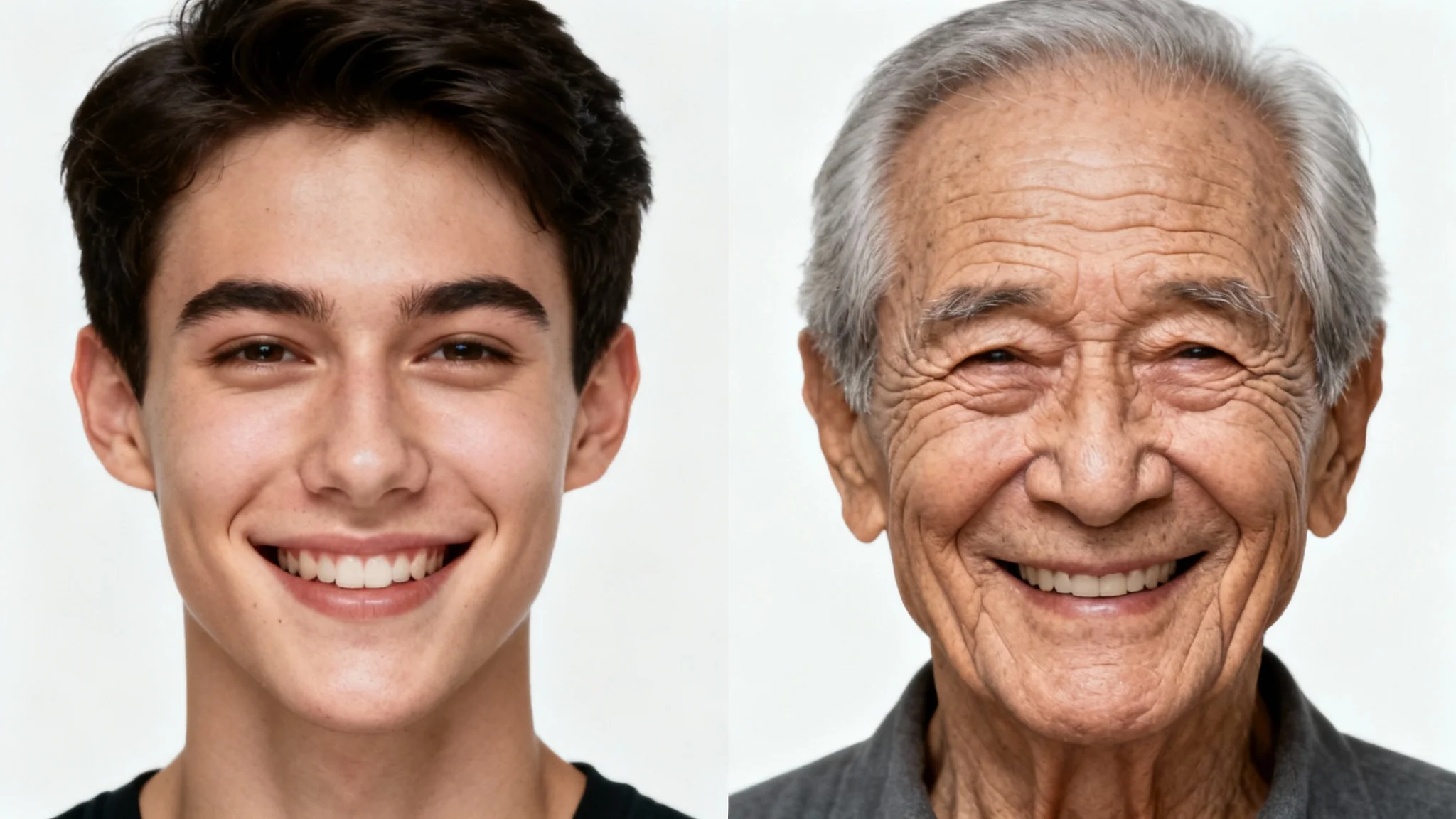 A split-screen image demonstrating an old age filter. The left side shows the face of a young man, and the right side shows the same man realistically aged to look like a senior, complete with wrinkles and gray hair.