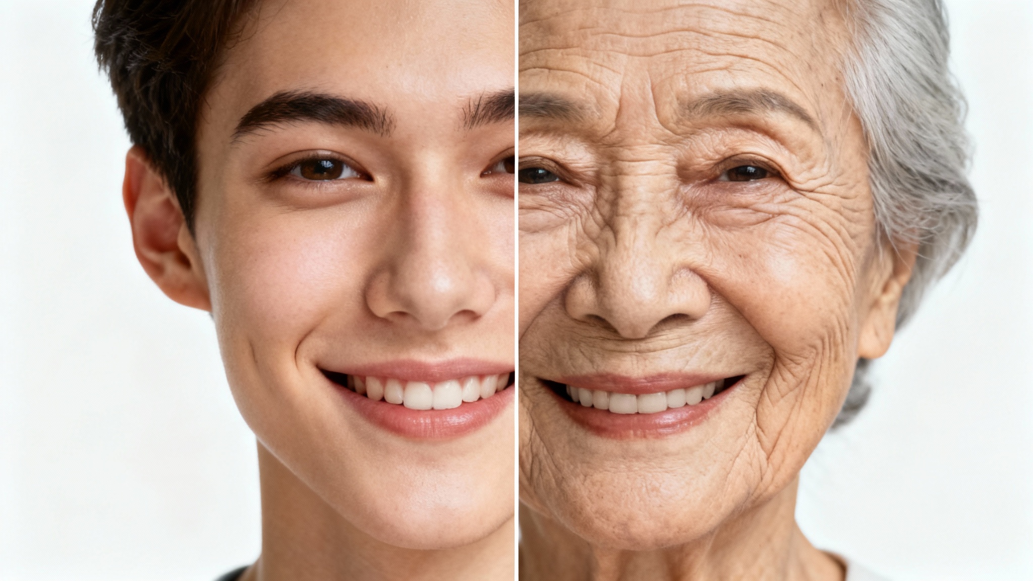 A split-screen comparison image showing the effect of an old age filter. The left side shows a young, smiling person, and the right side shows the same person realistically aged to be an elderly individual with wrinkles, while still smiling.