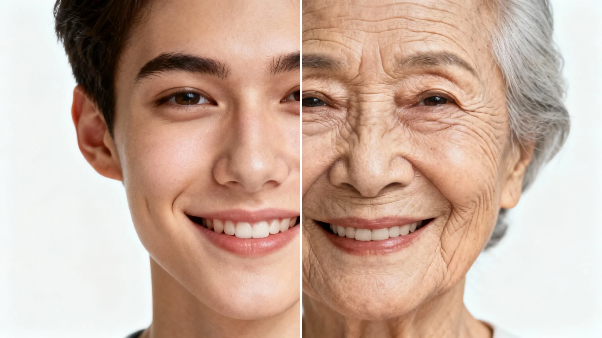 A split-screen comparison image showing the effect of an old age filter. The left side shows a young, smiling person, and the right side shows the same person realistically aged to be an elderly individual with wrinkles, while still smiling.